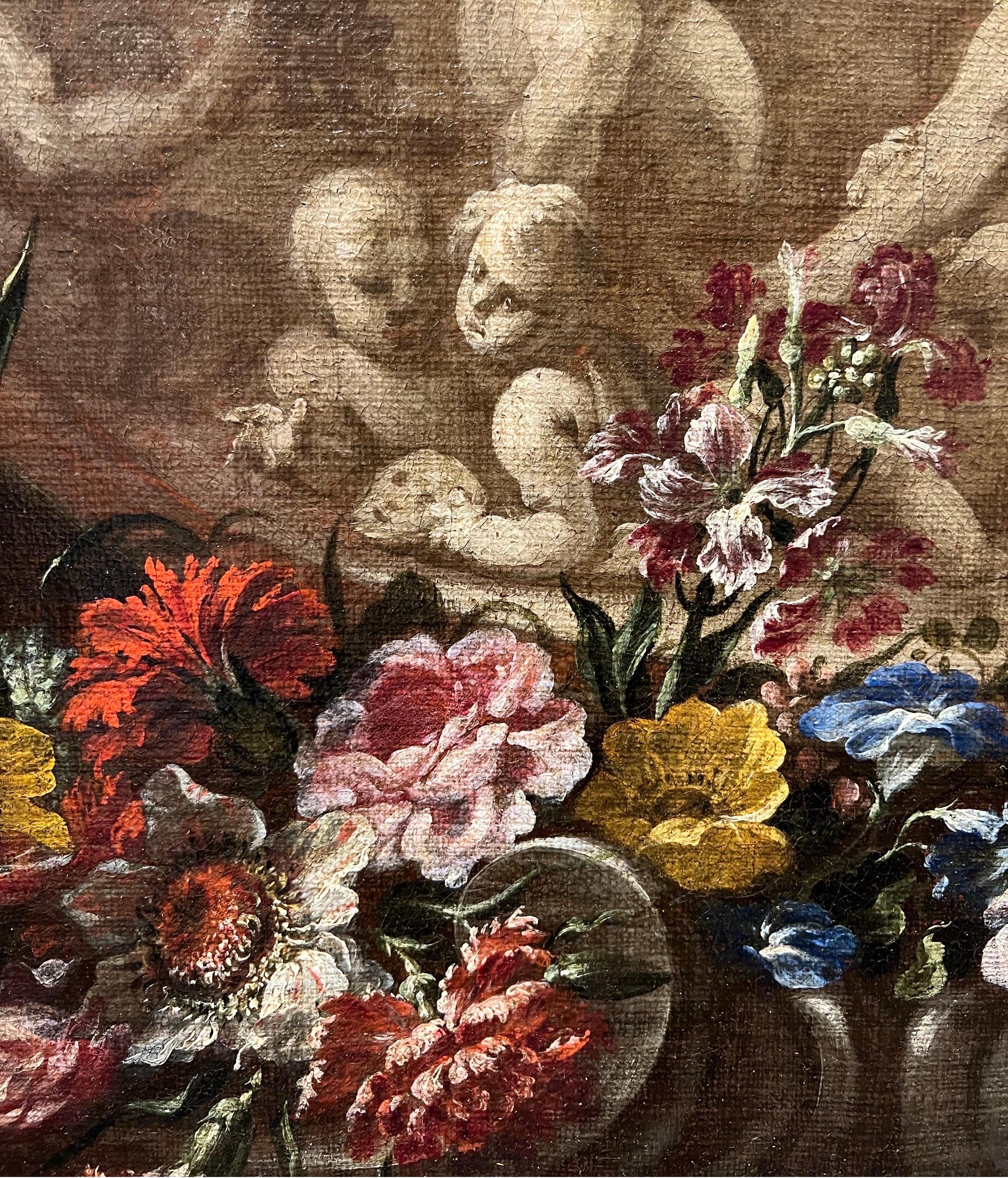 Huge 17th century Flemish still-life with flowers and a Bacchus celebration 1