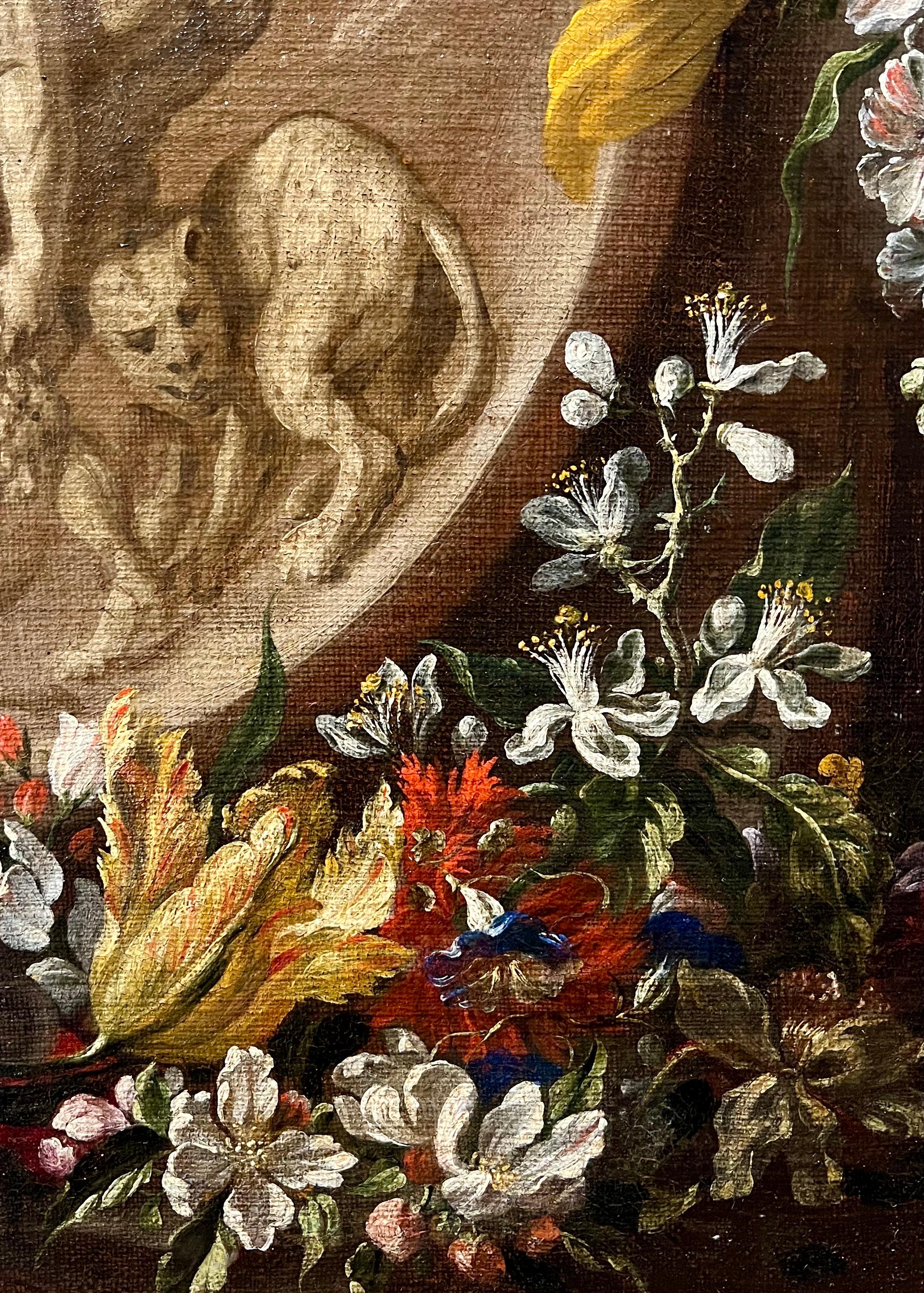 Huge 17th century Flemish still-life with flowers and a Bacchus celebration 2