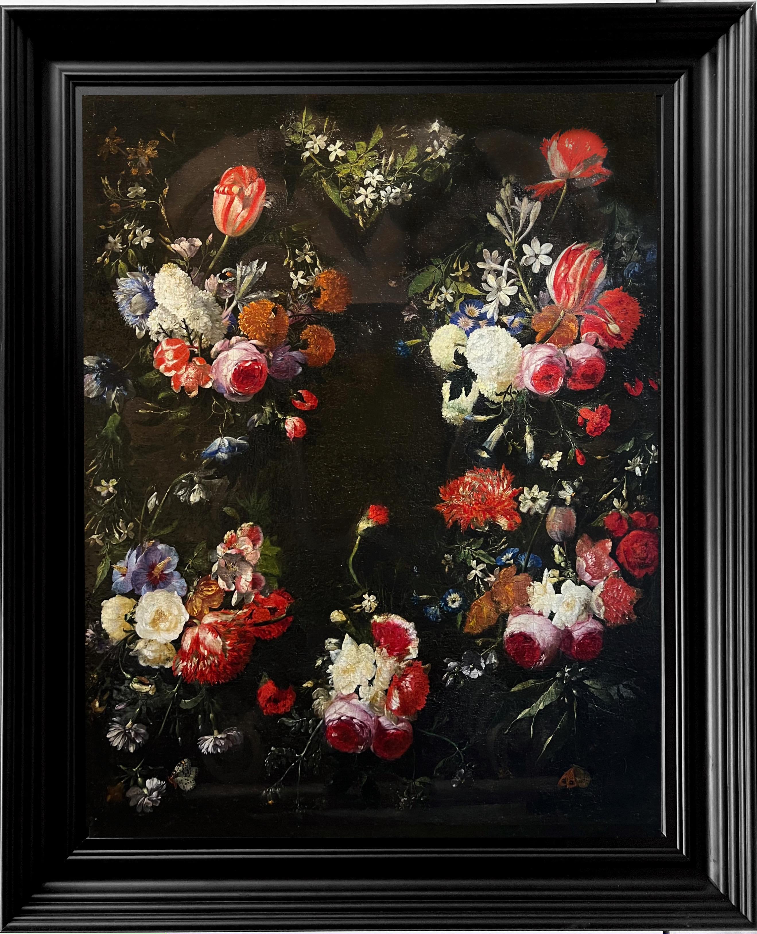Paire de natures mortes flamandes du 17e siècle avec des fleurs - Roses, tulipes et pivoines - Maîtres anciens Painting par Gaspar Pieter Verbruggen