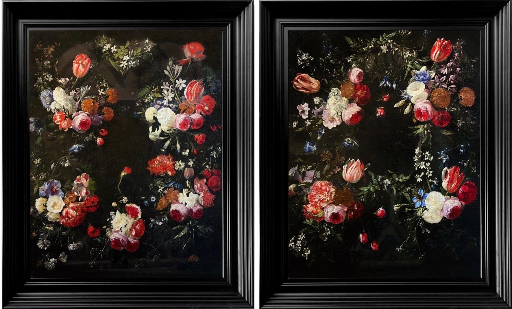 Paar flämische Blumenstillleben aus dem 17. Jahrhundert - Rosen, Tulpen und Pfingstrosen