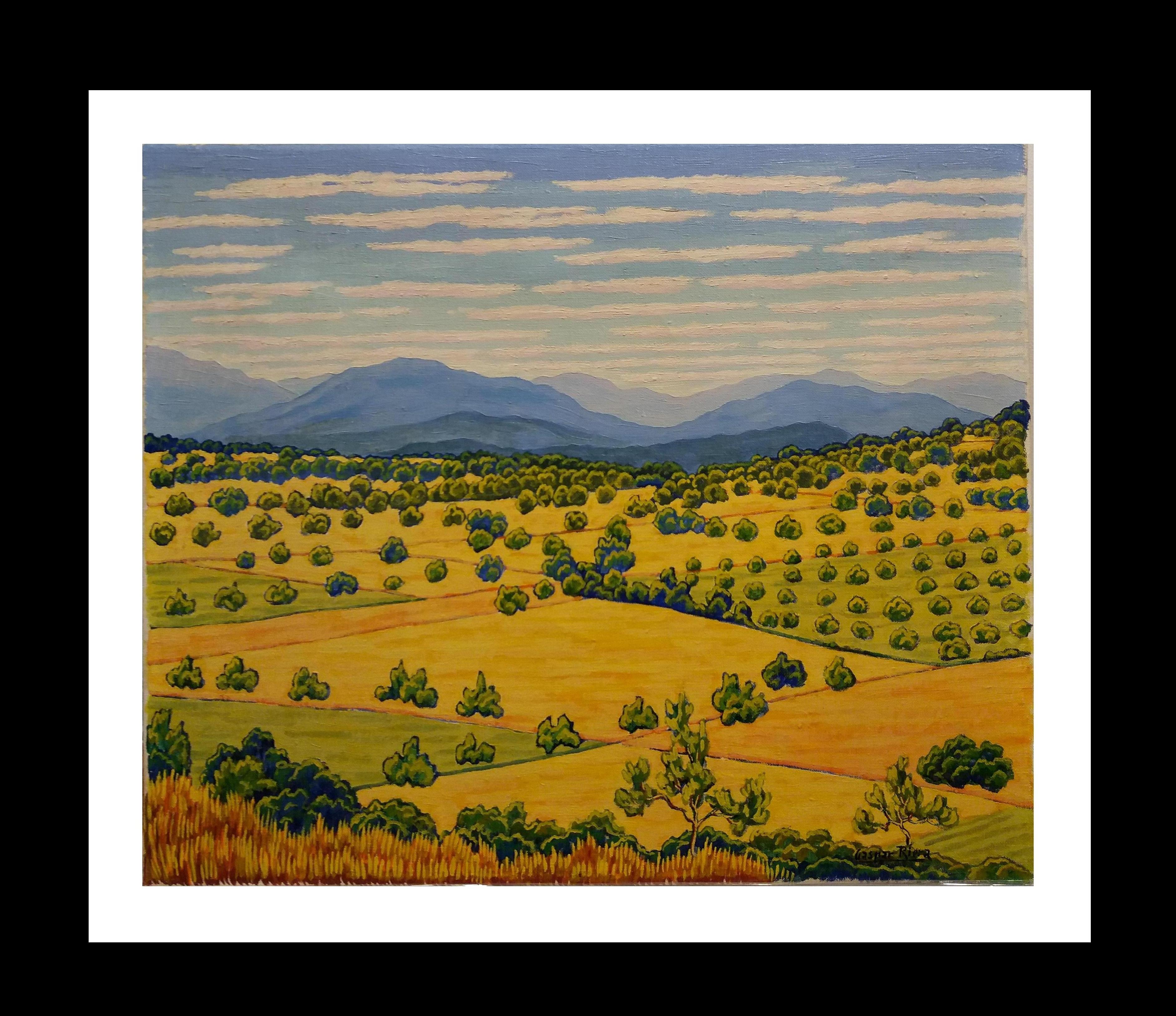 Gaspar Riera Moragues Landscape Painting - Campos de Mallorca original naif expressionist oil canvas painting