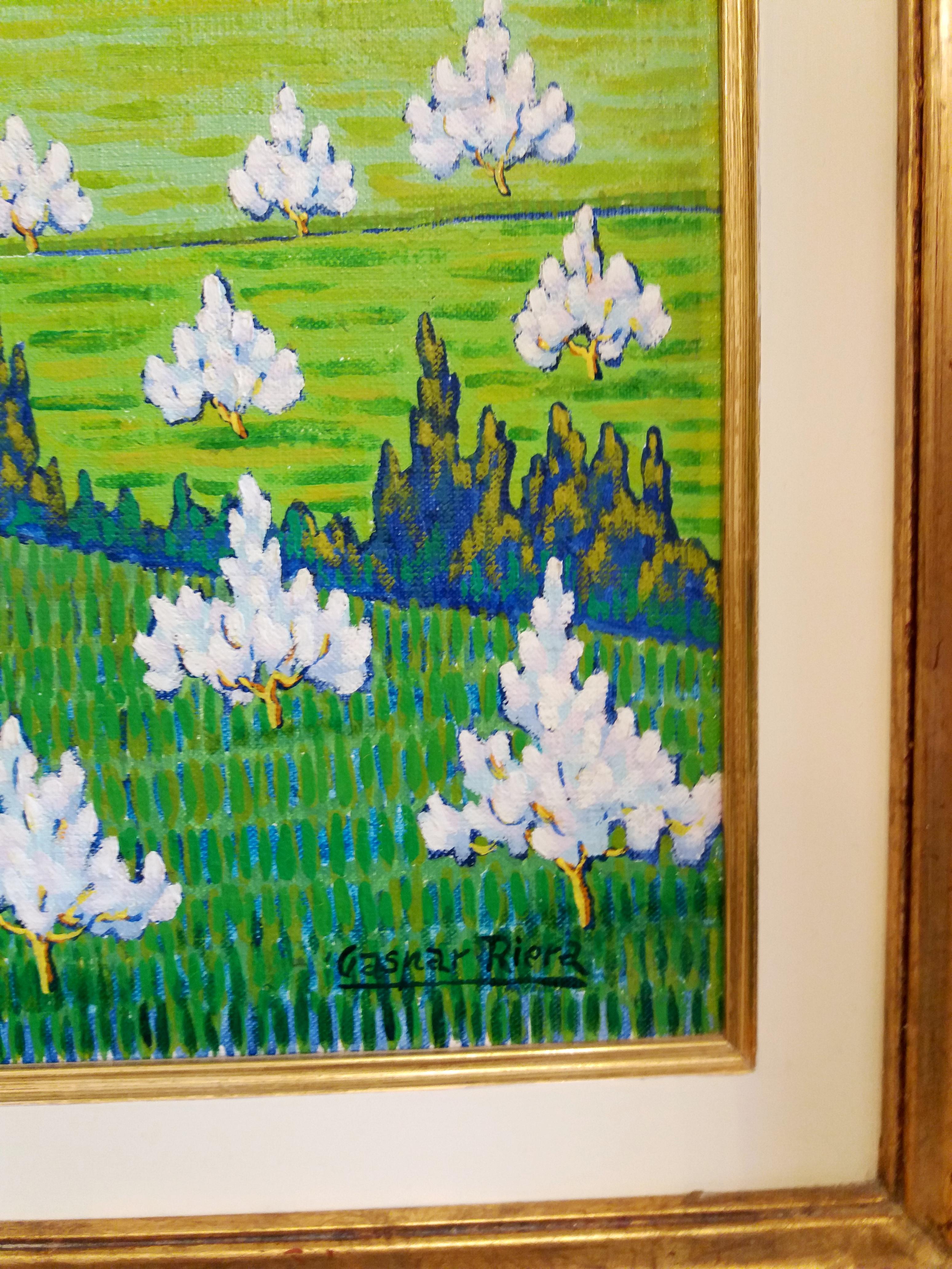 Gaspar Riera. 27 Verde. Almendros en flor. Mallorca expresionista original - Landscape Painting Marrón de Gaspar Riera Moragues
