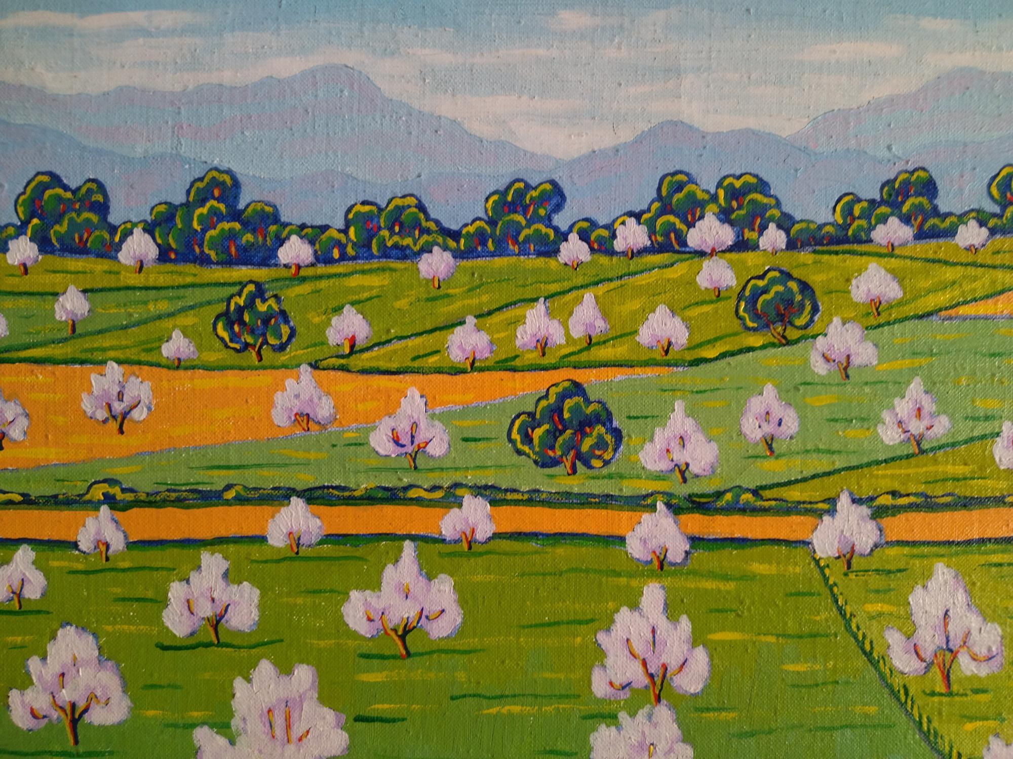Gaspar Riera.  Green. Almond . Majorca original expressionist - Painting by Gaspar Riera Moragues
