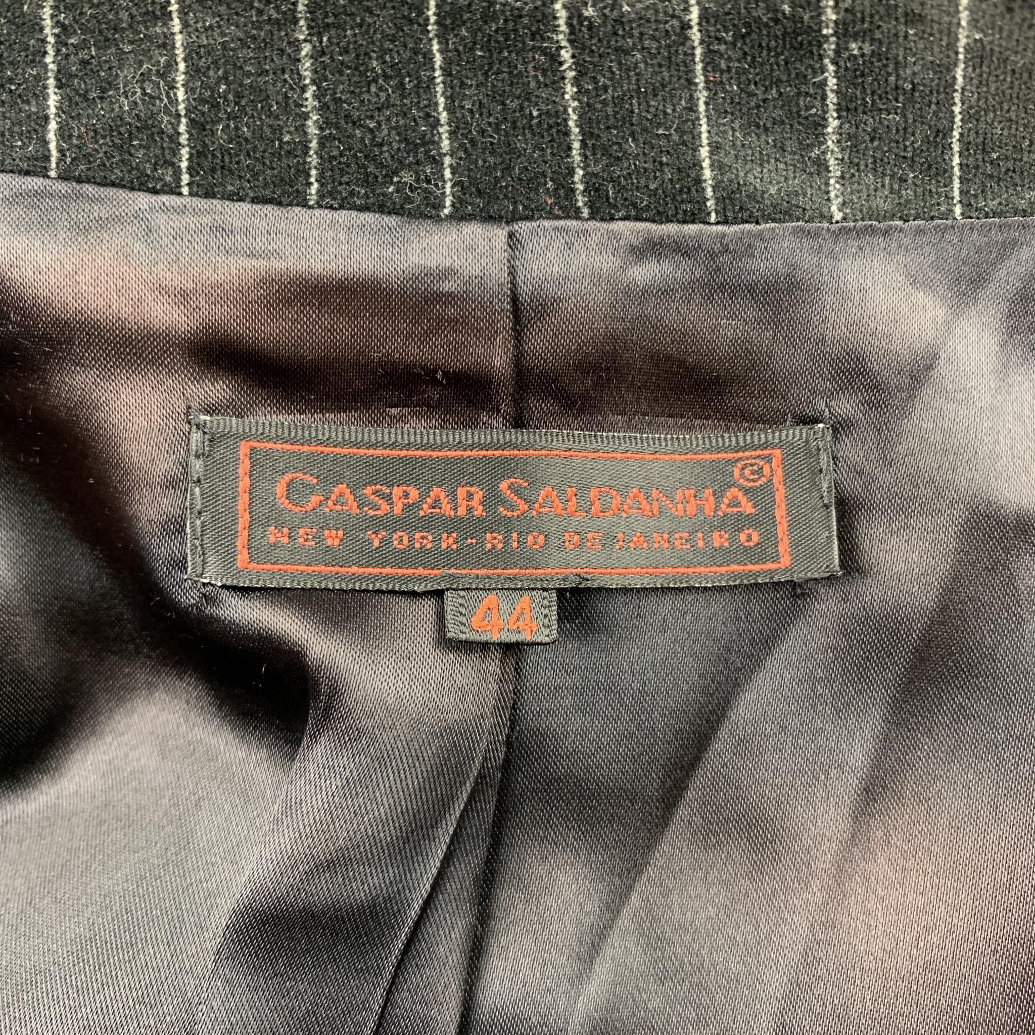 GASPAR SALDANHA Size 44 Regular Black Stripe Velvet Peak Lapel Suit 2