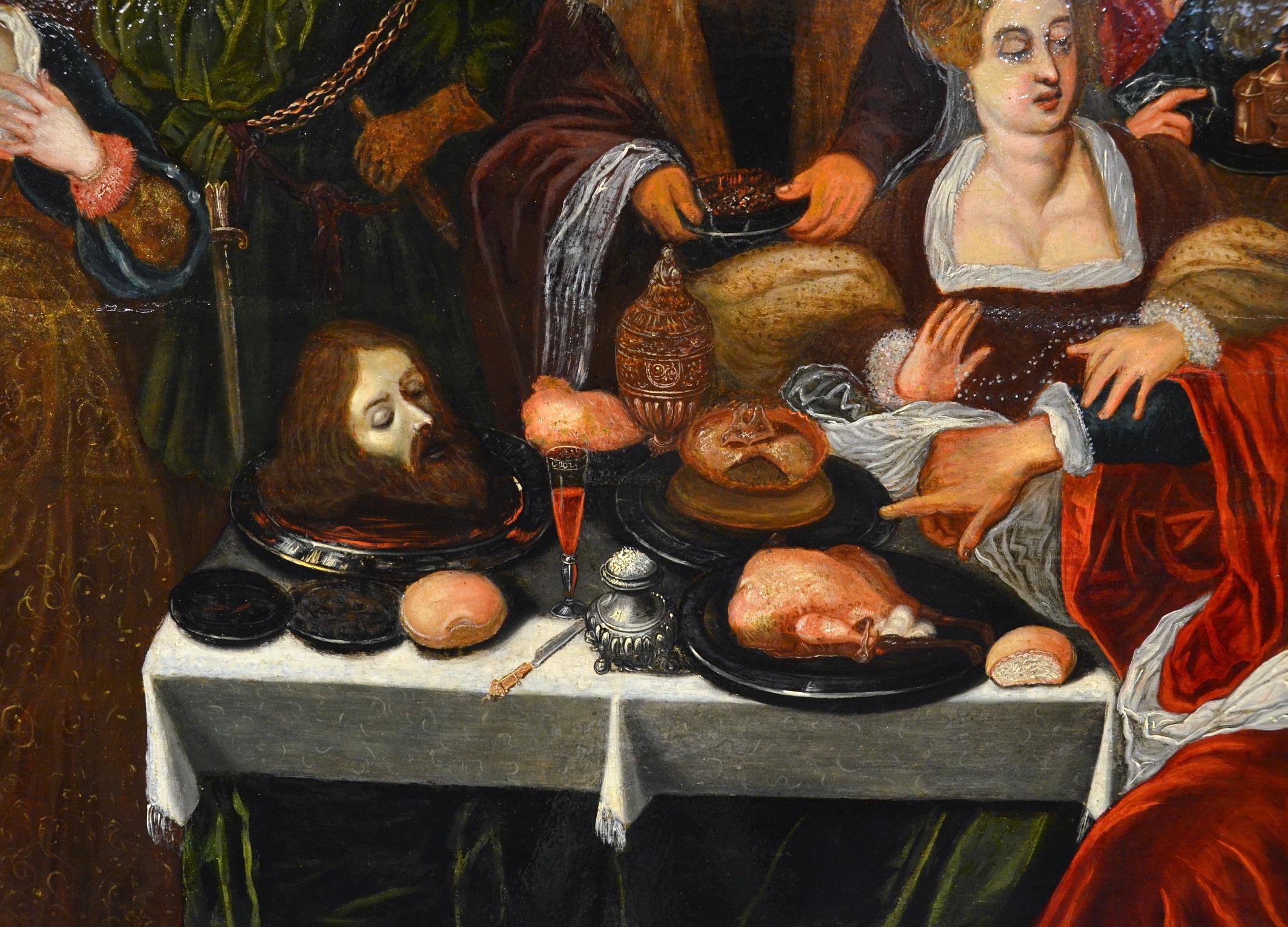 Banquet Attribué à Van Den Hoecke Huile religieuse sur table Ancien Master 17ème siècle en vente 9