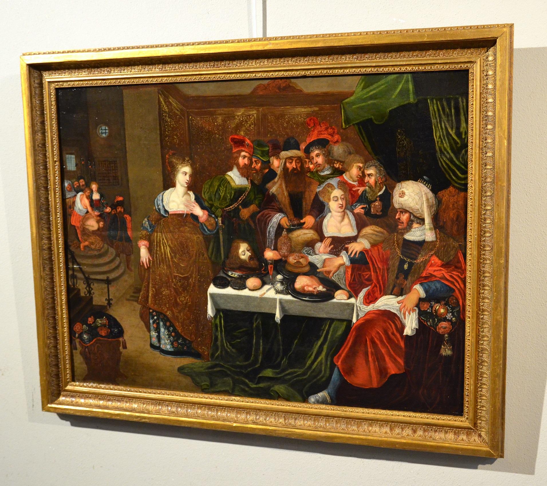 Banquet Attribué à Van Den Hoecke Huile religieuse sur table Ancien Master 17ème siècle - Maîtres anciens Painting par Gaspar van den Hoecke (Antwerp, 1585 - 1648)