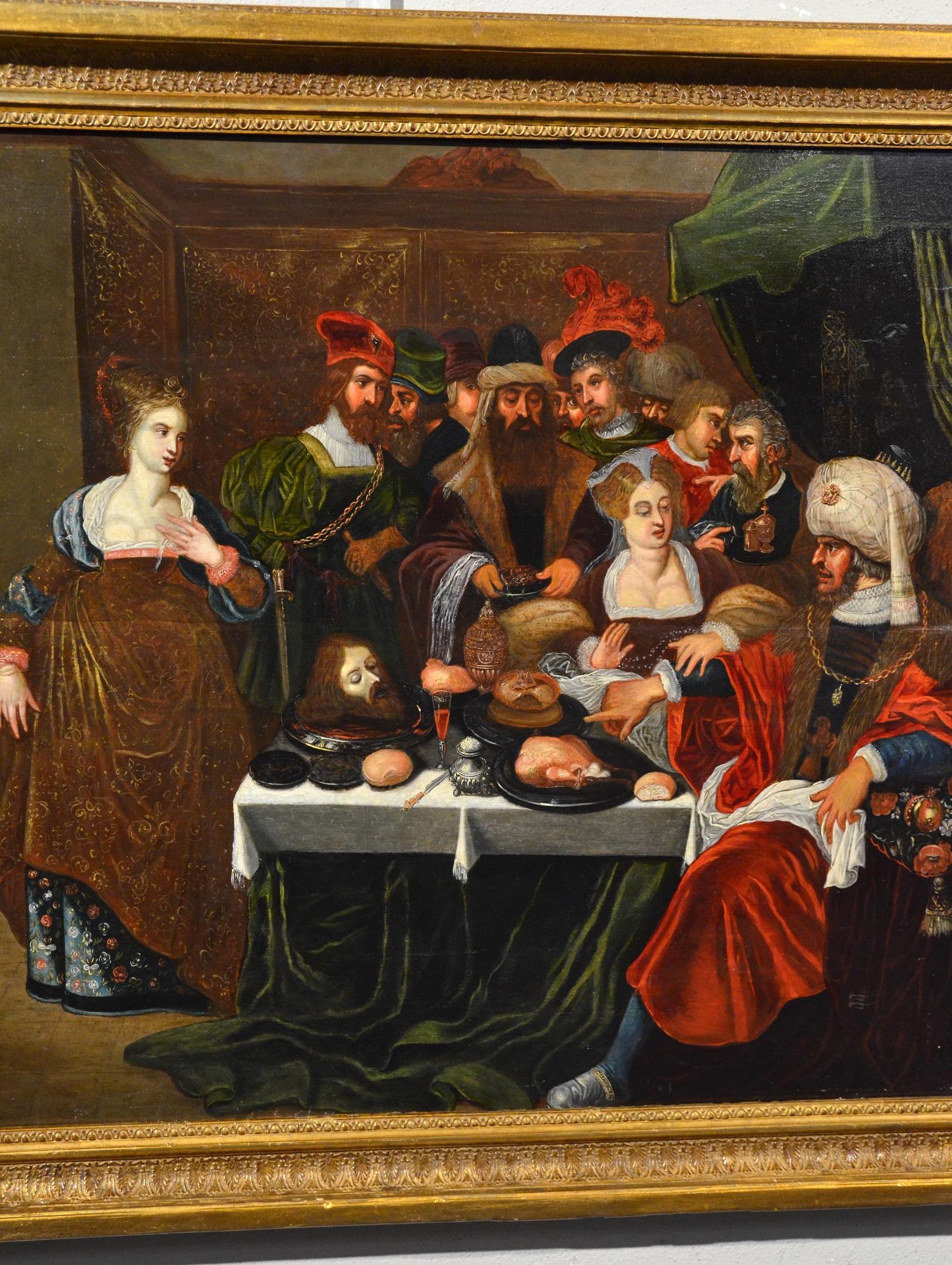 Banquet Attribué à Van Den Hoecke Huile religieuse sur table Ancien Master 17ème siècle en vente 1