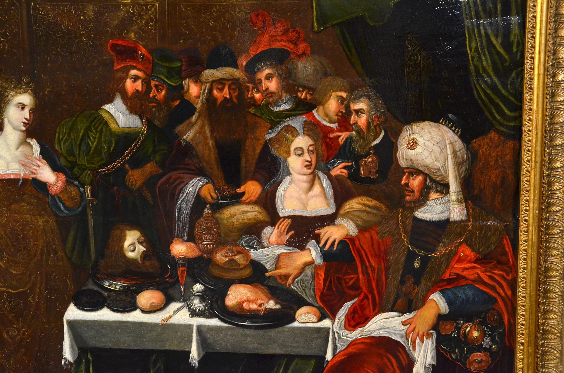 Banquet Attribué à Van Den Hoecke Huile religieuse sur table Ancien Master 17ème siècle en vente 2