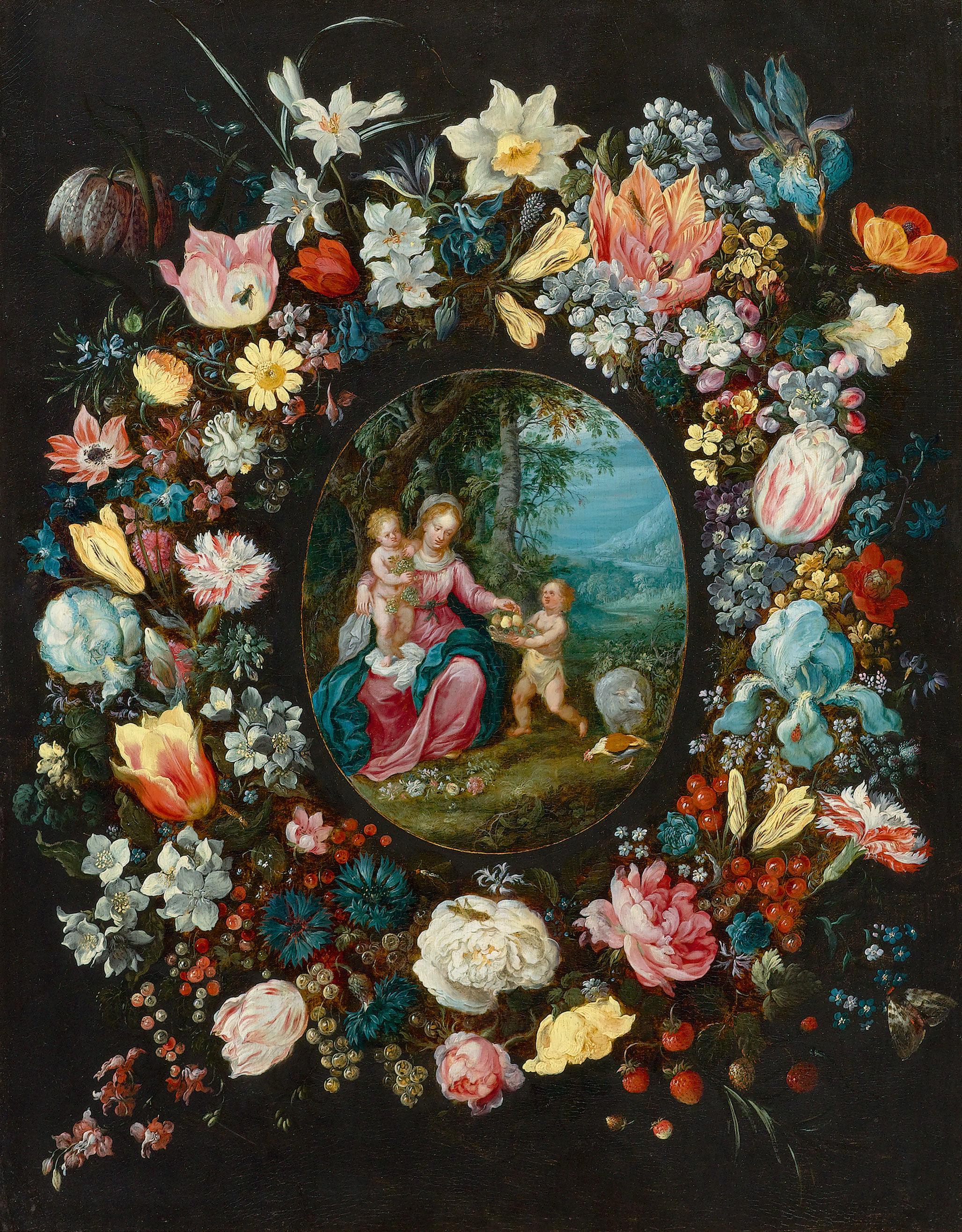 Maria, Jésus Christ et Saint Johns dans une guirlande de fleurs - Painting de Gaspar van den Hoecke (Antwerp, 1585 - 1648)