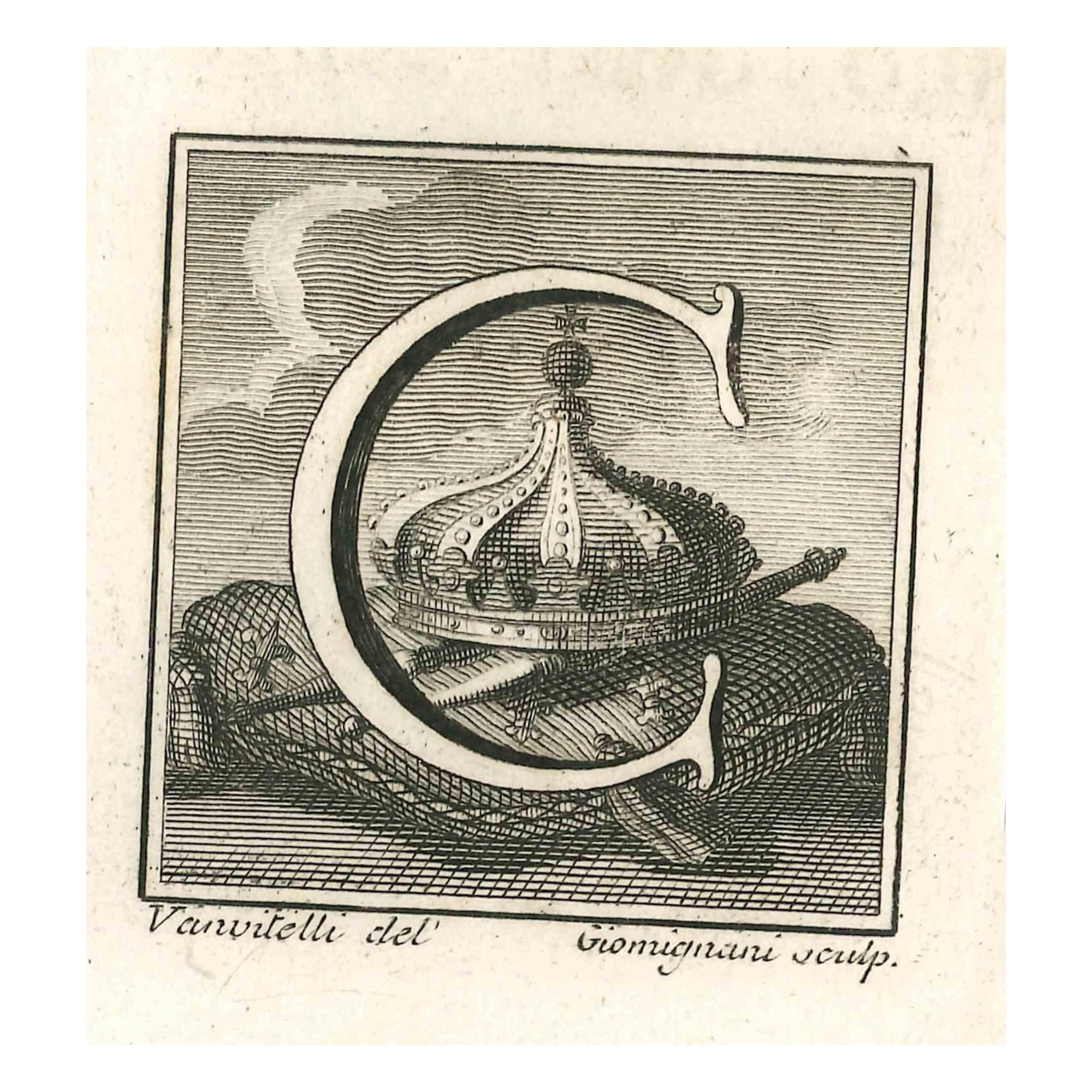 Figurative Print Gaspar Van Wittel (Vanvitelli) - Antiquités de la lettre C d'Herculanum - Gravure de Gaspar V. Wittel - 18ème siècle