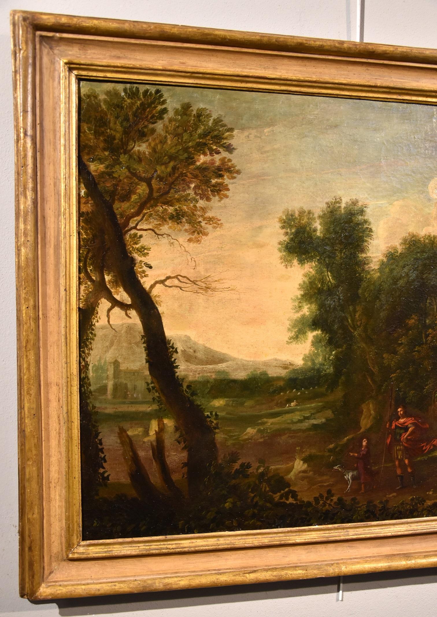 Gaspard Dughet, genannt Gaspard Poussin (Rom 1615 - 1675) - zuzuschreiben
Bewaldete Landschaft des römischen Landes mit dem Erzengel Raphael und Tobiolo

Ölgemälde auf Leinwand
zweite Hälfte des 17. Jahrhunderts
(cm.) 75 x 98, mit Rahmen 91 x