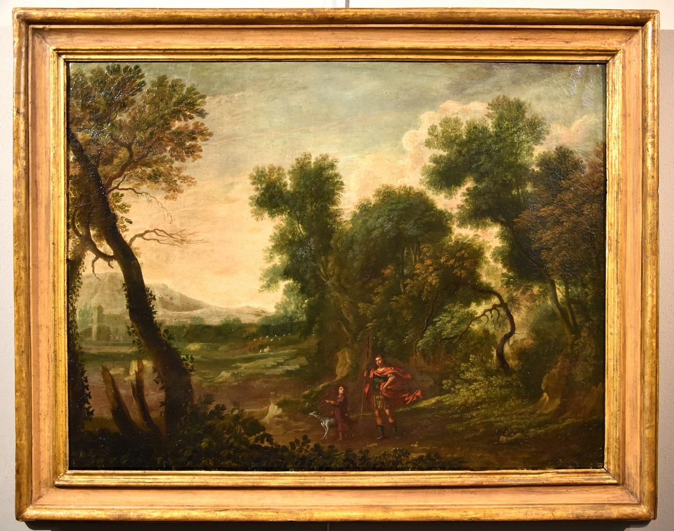 Dughet Woodland Landscape Old Master Paint Huile sur toile 17ème siècle Italie Art - Painting de Gaspard Dughet, called Gaspard Poussin (Rome 1615 - 1675)