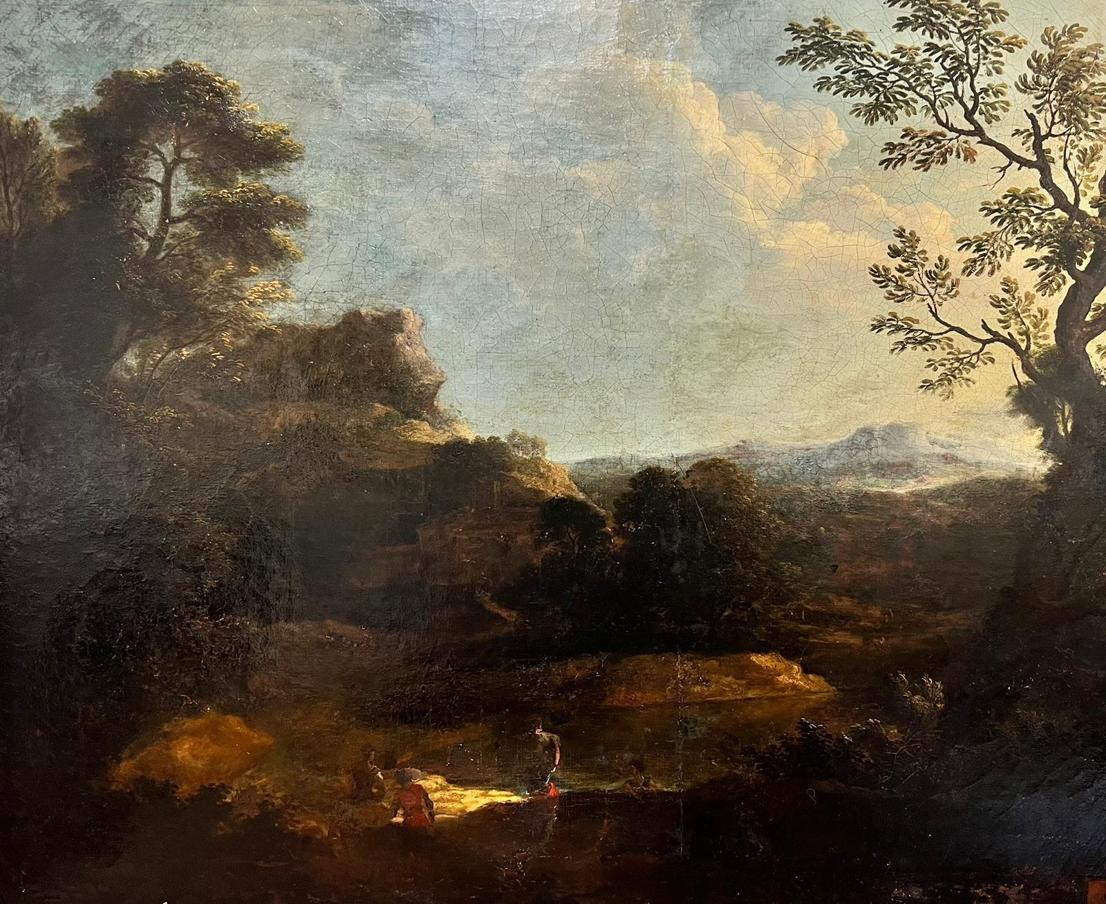 Fine 17th Century French Old Master Oil Painting Figures in Classical Landscape