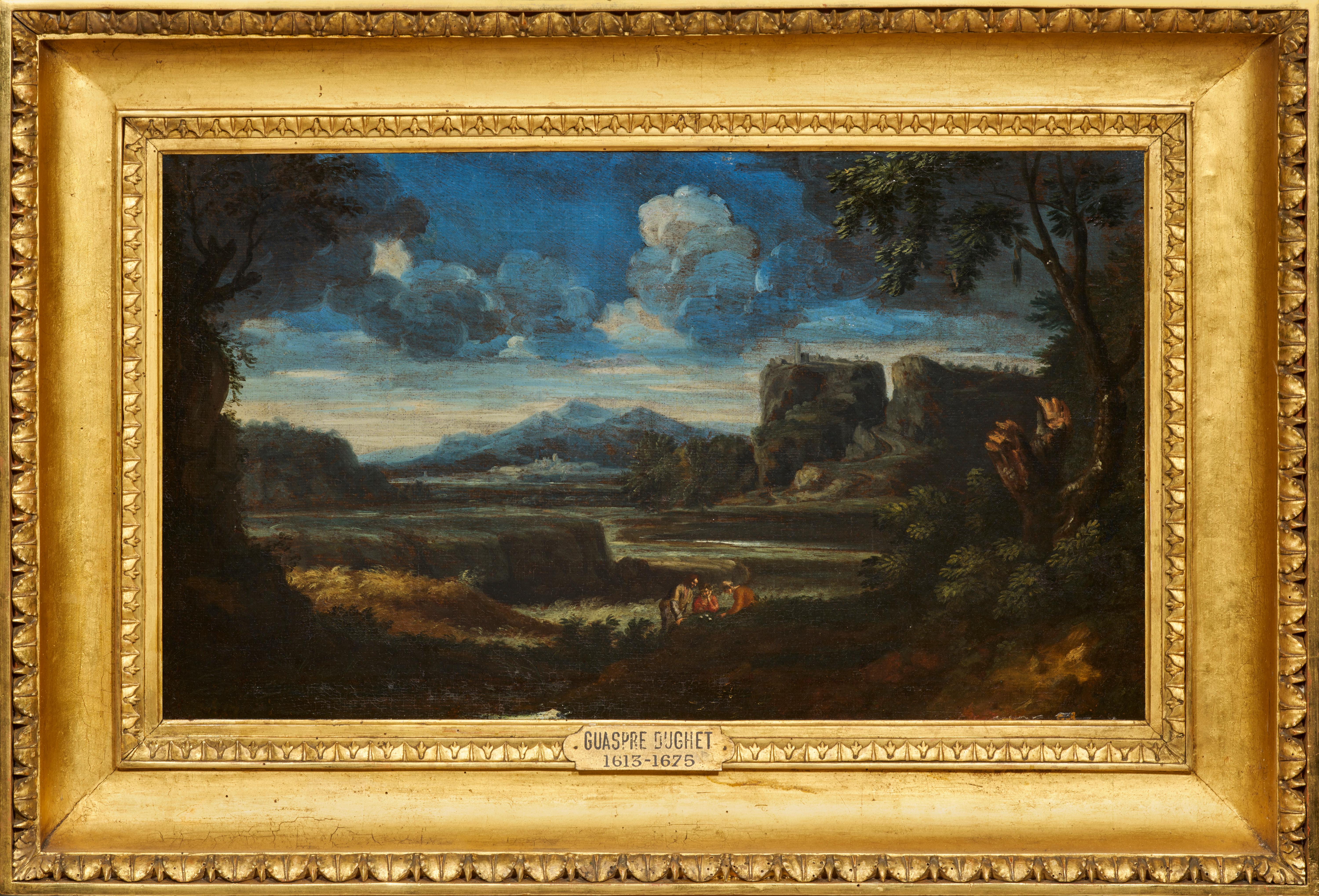 Gaspard Dughet bietet uns hier eine idyllische Vision der römischen Landschaft. Die Etappen folgen in einer perfekt strukturierten Komposition aufeinander, zeigen hier einen See, dort Reisende, die entlanggehen, und führen unseren Blick allmählich