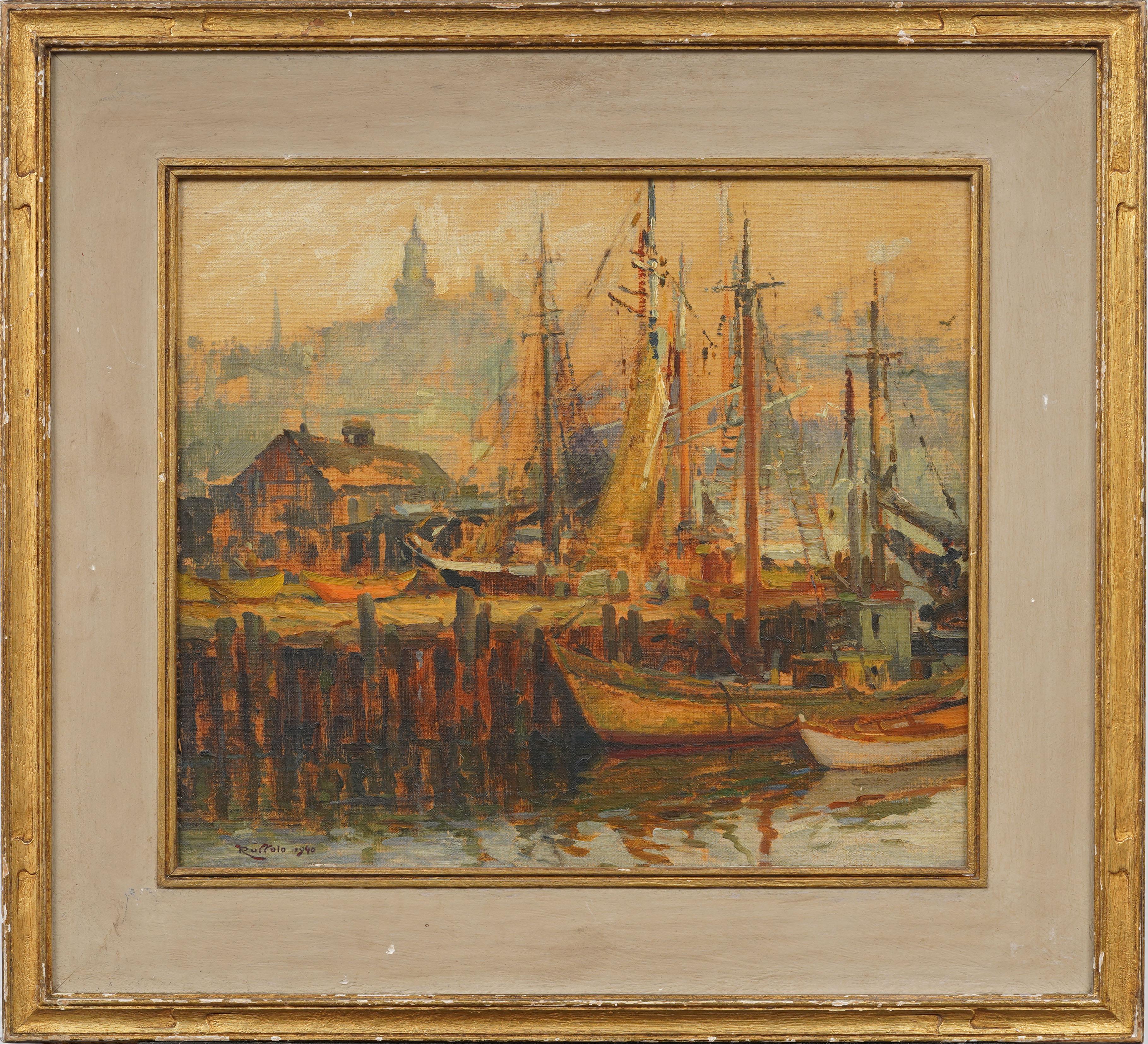 Antique American Impressionist Gloucester Harbor Signed Seascape Oil Painting - Brown Landscape Painting by Gaspare J. Ruffolo 