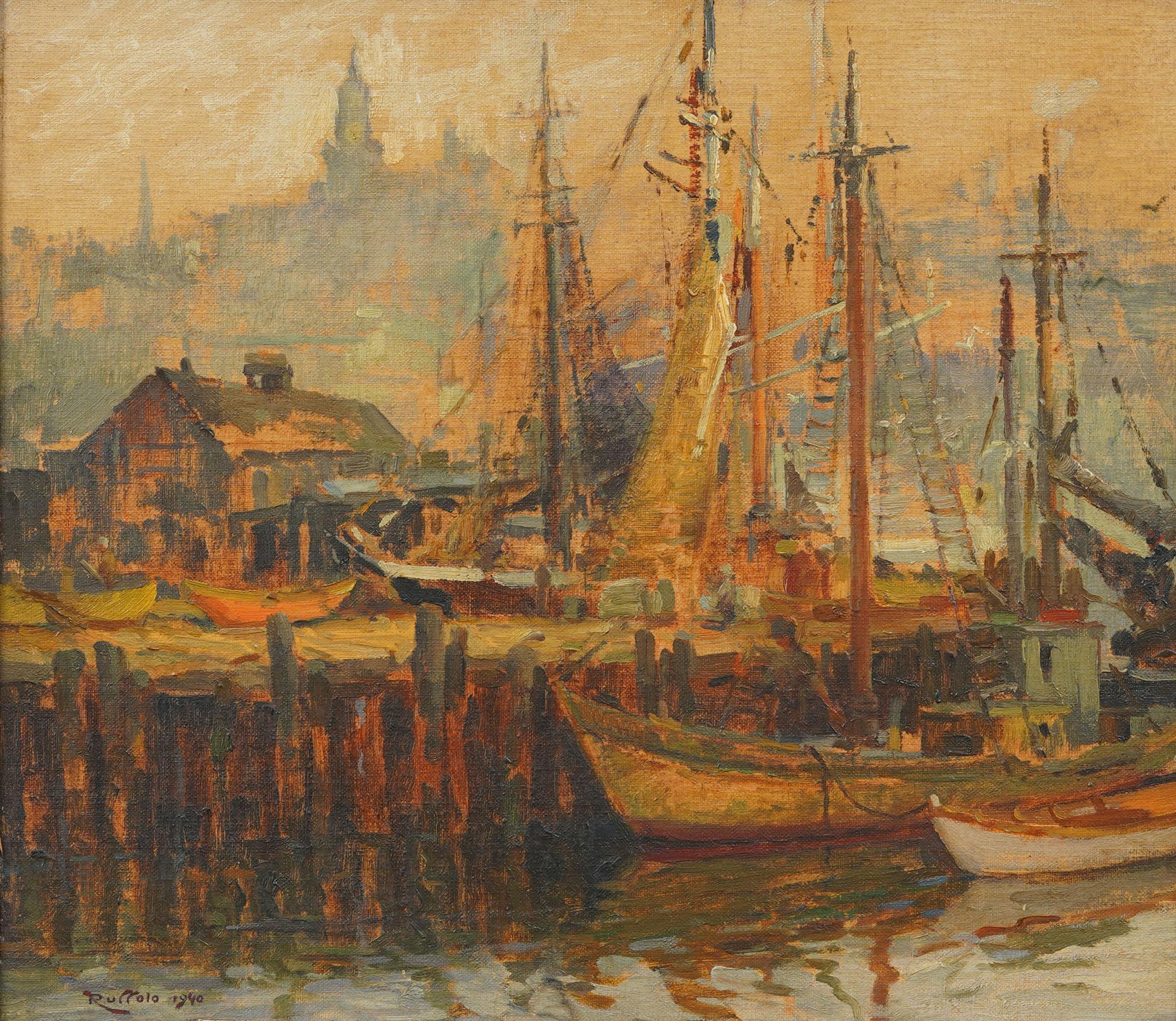 Antique exhibited Gloucester harbor signed seascape painting.  Oil on board.  Signed.  Label verso.  Framed in a period giltwood impressionist frame.  Measuring 14 by 16 inches image alone. 

