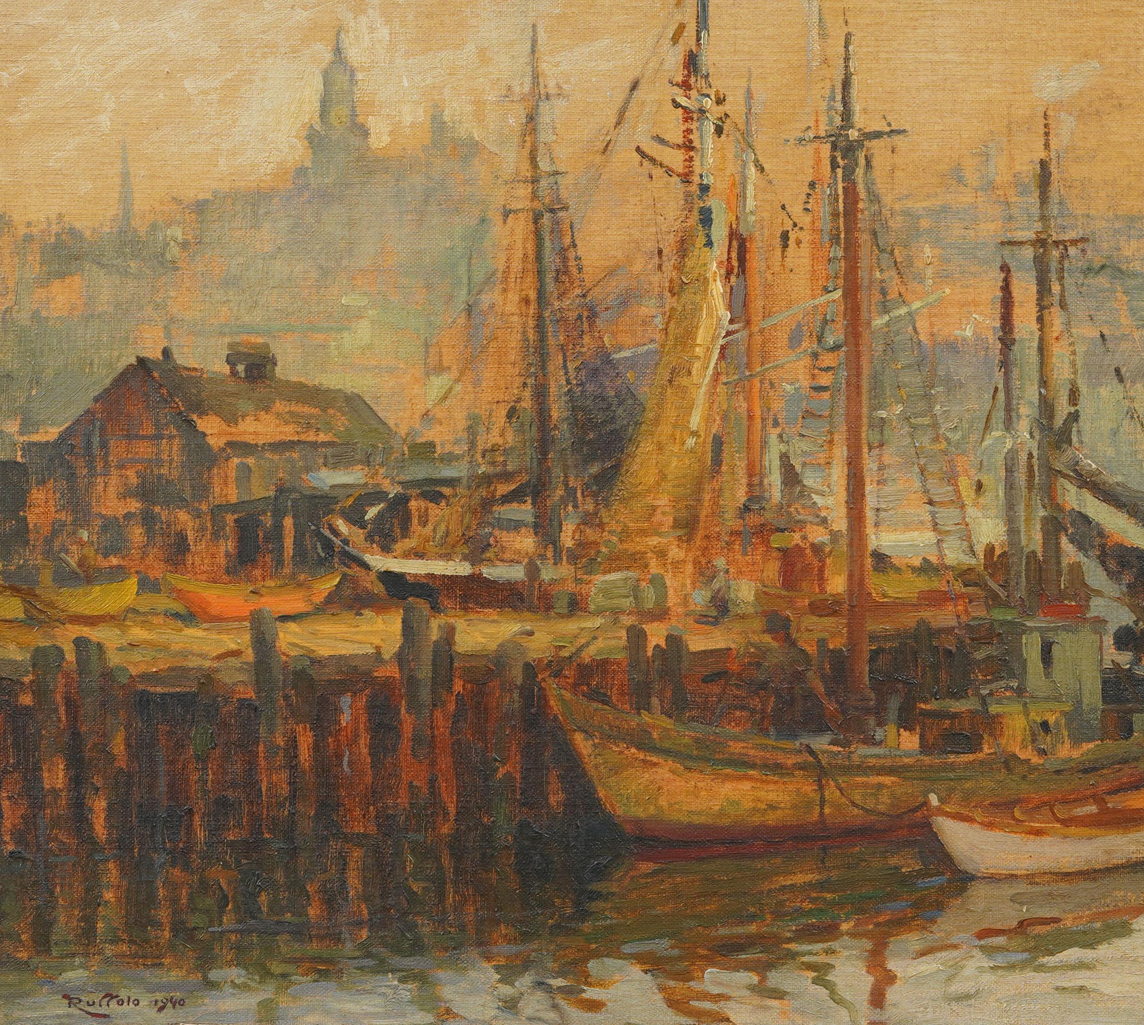 Antique American Impressionist Gloucester Harbor Signed Seascape Oil Painting For Sale 1