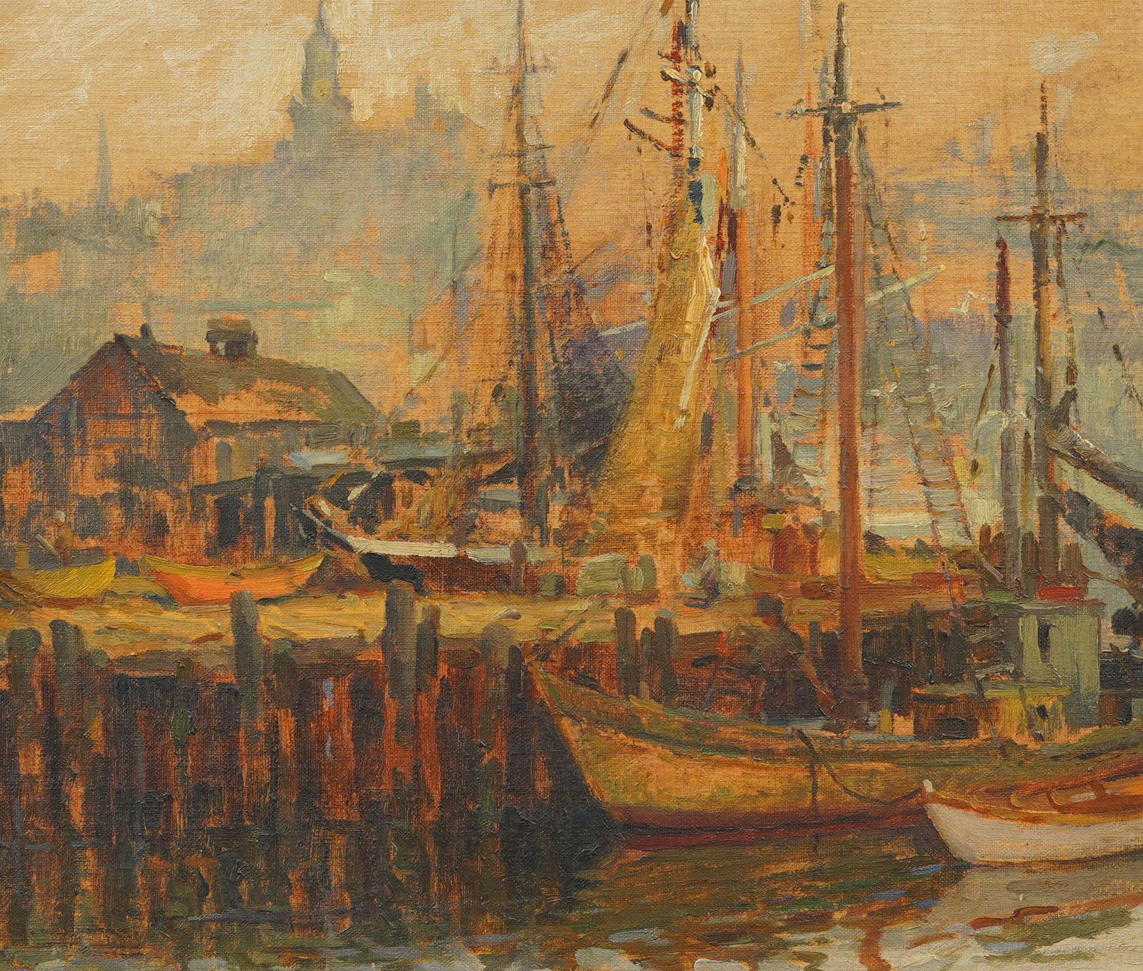 Antique American Impressionist Gloucester Harbor Signed Seascape Oil Painting For Sale 2