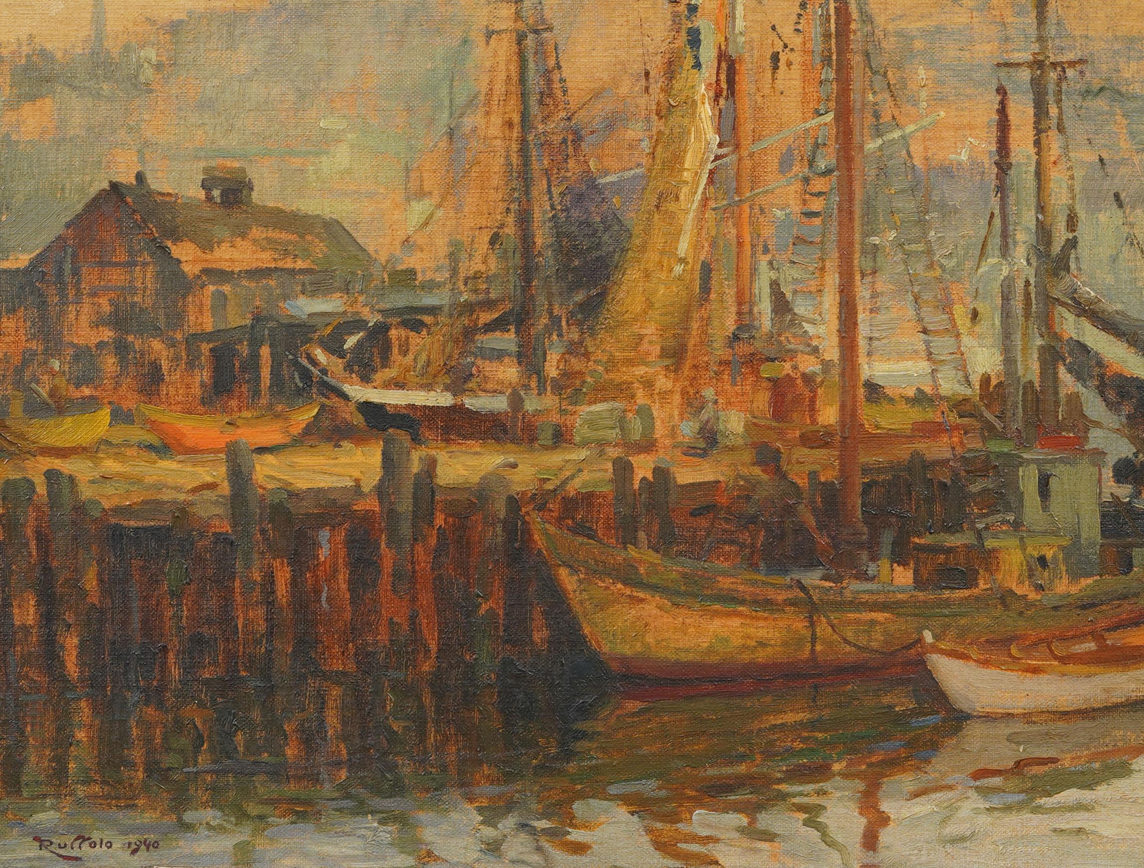 Antique American Impressionist Gloucester Harbor Signed Seascape Oil Painting For Sale 3