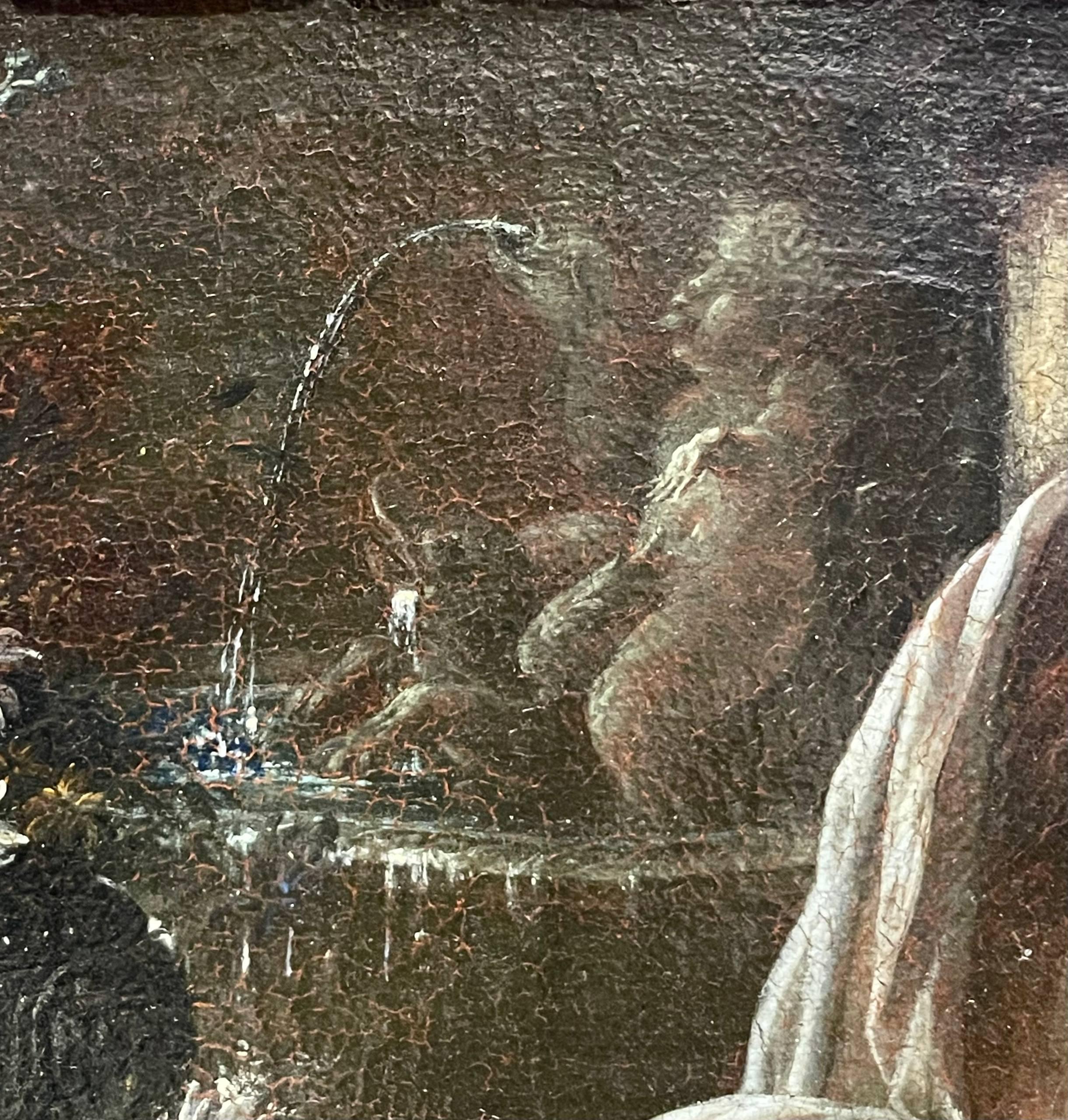 Gaspare Lopez, attributo. Natura morta con fontana, obelisco e cascata di fiori in vendita 9