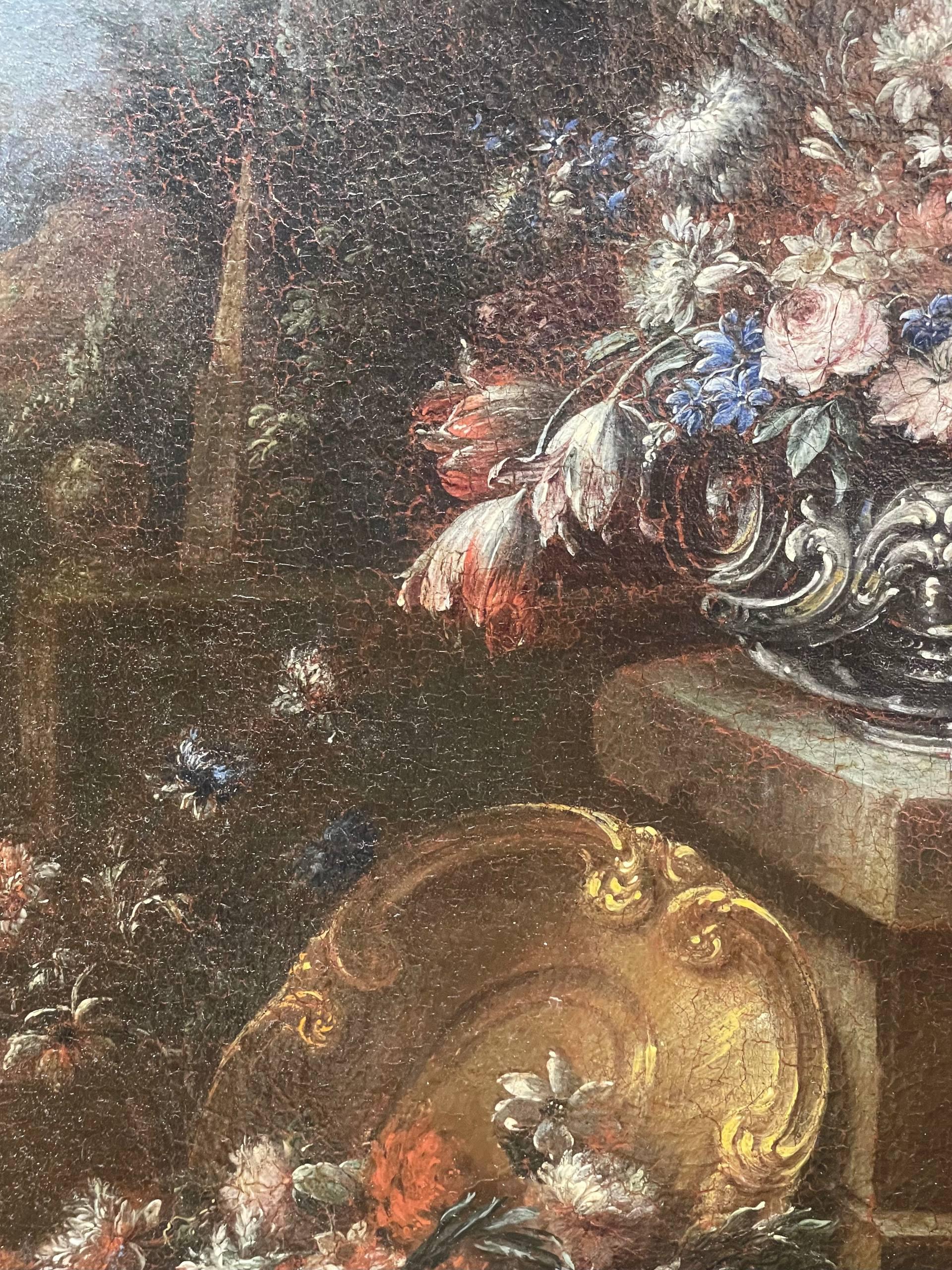 Gaspare Lopez, attributo. Natura morta con fontana, obelisco e cascata di fiori in vendita 12