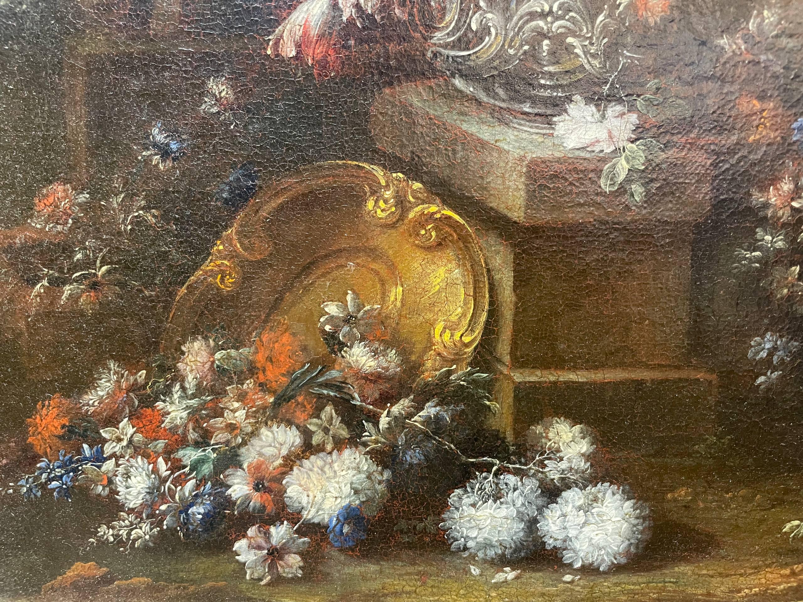 Gaspare Lopez, attributo. Natura morta con fontana, obelisco e cascata di fiori in vendita 13