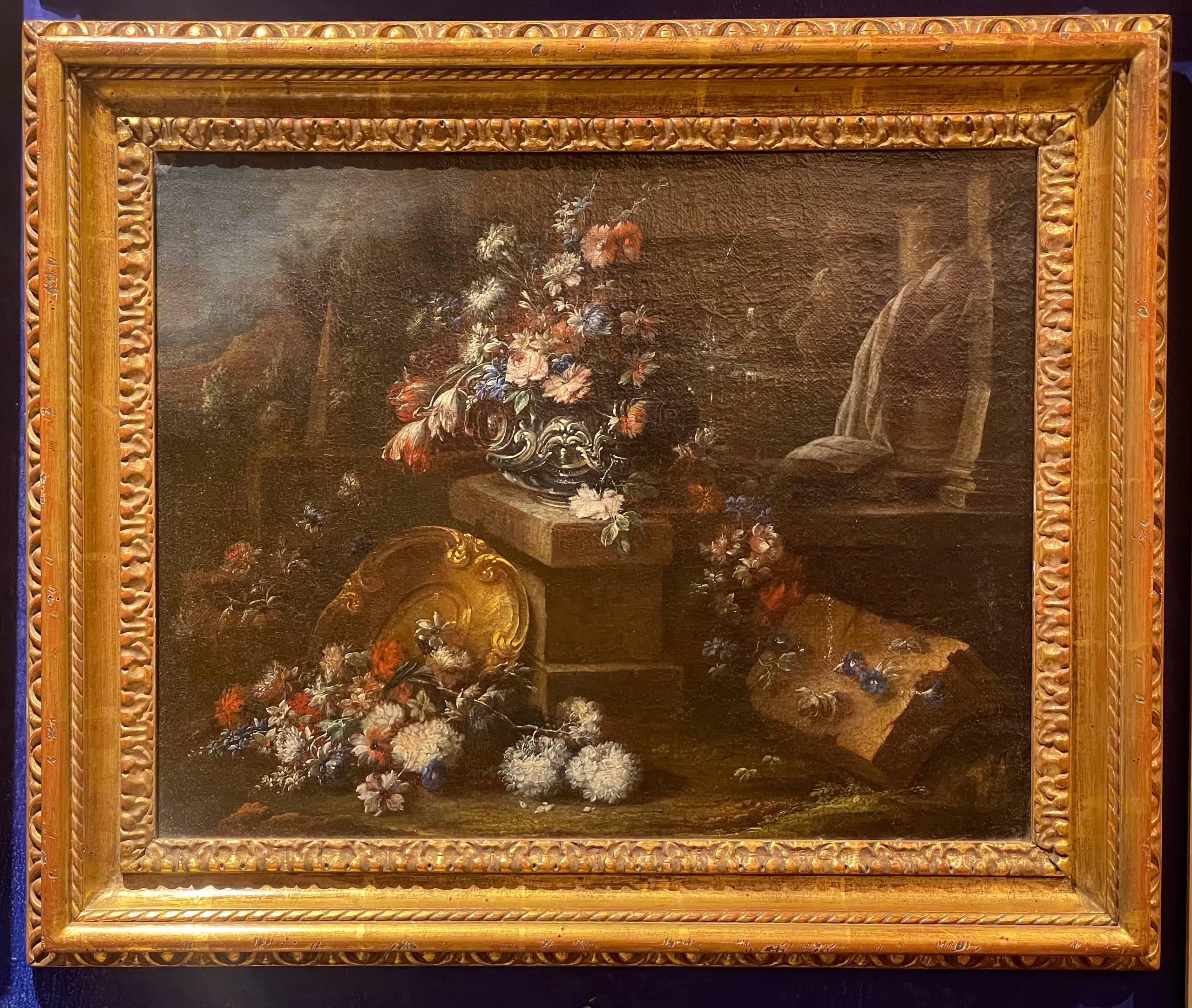 Gaspare Lopez, attributo. Natura morta con fontana, obelisco e cascata di fiori in vendita 14