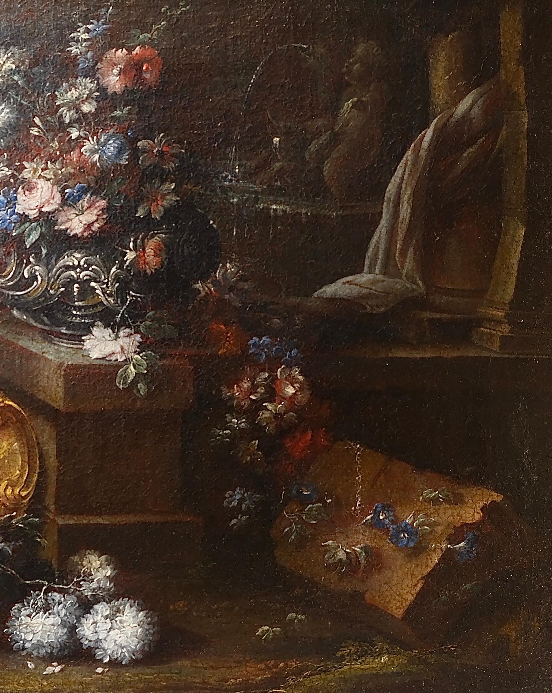 Gaspare Lopez, attributo. Natura morta con fontana, obelisco e cascata di fiori in vendita 1