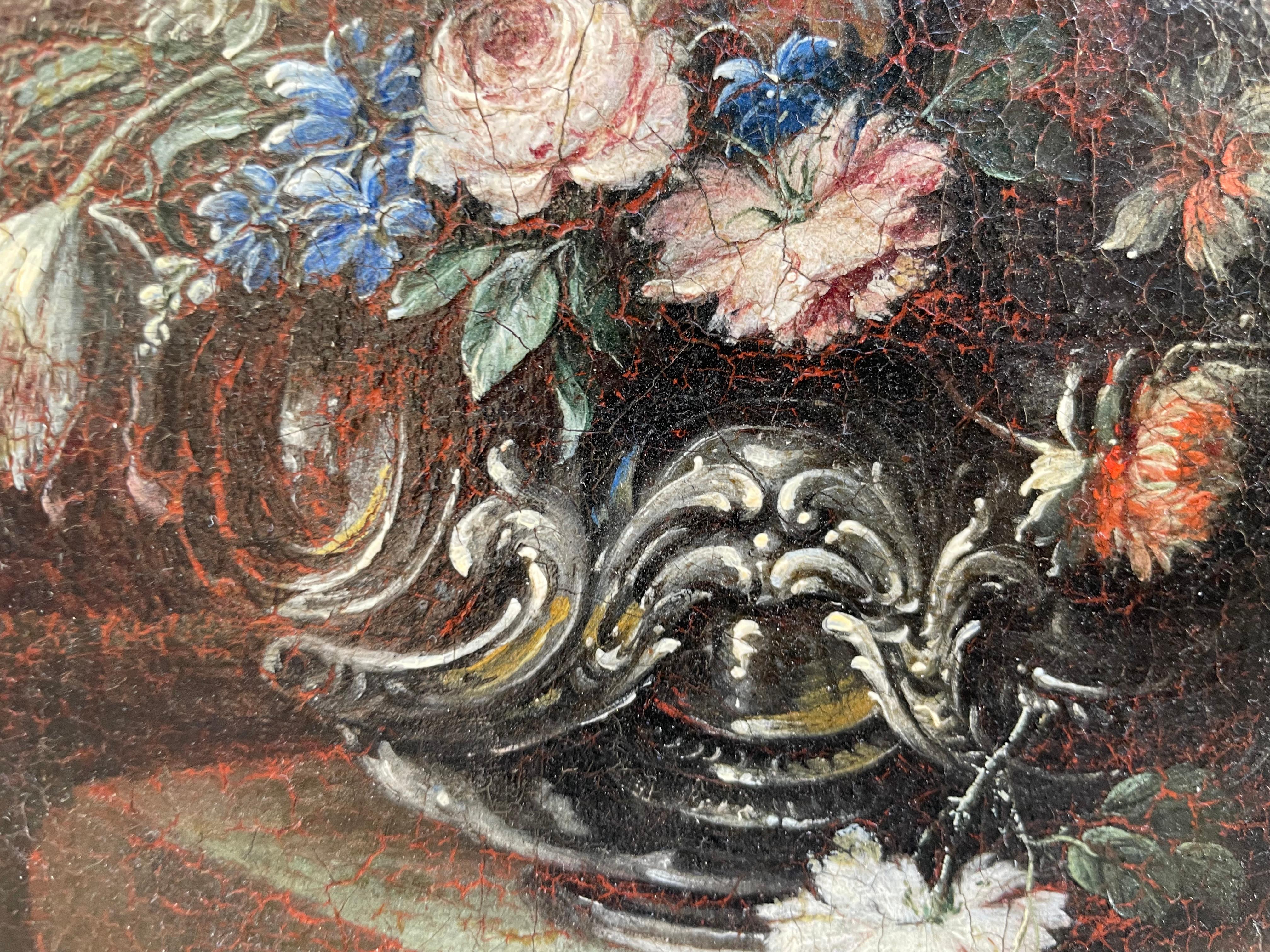 Gaspare Lopez, attributo. Natura morta con fontana, obelisco e cascata di fiori in vendita 2