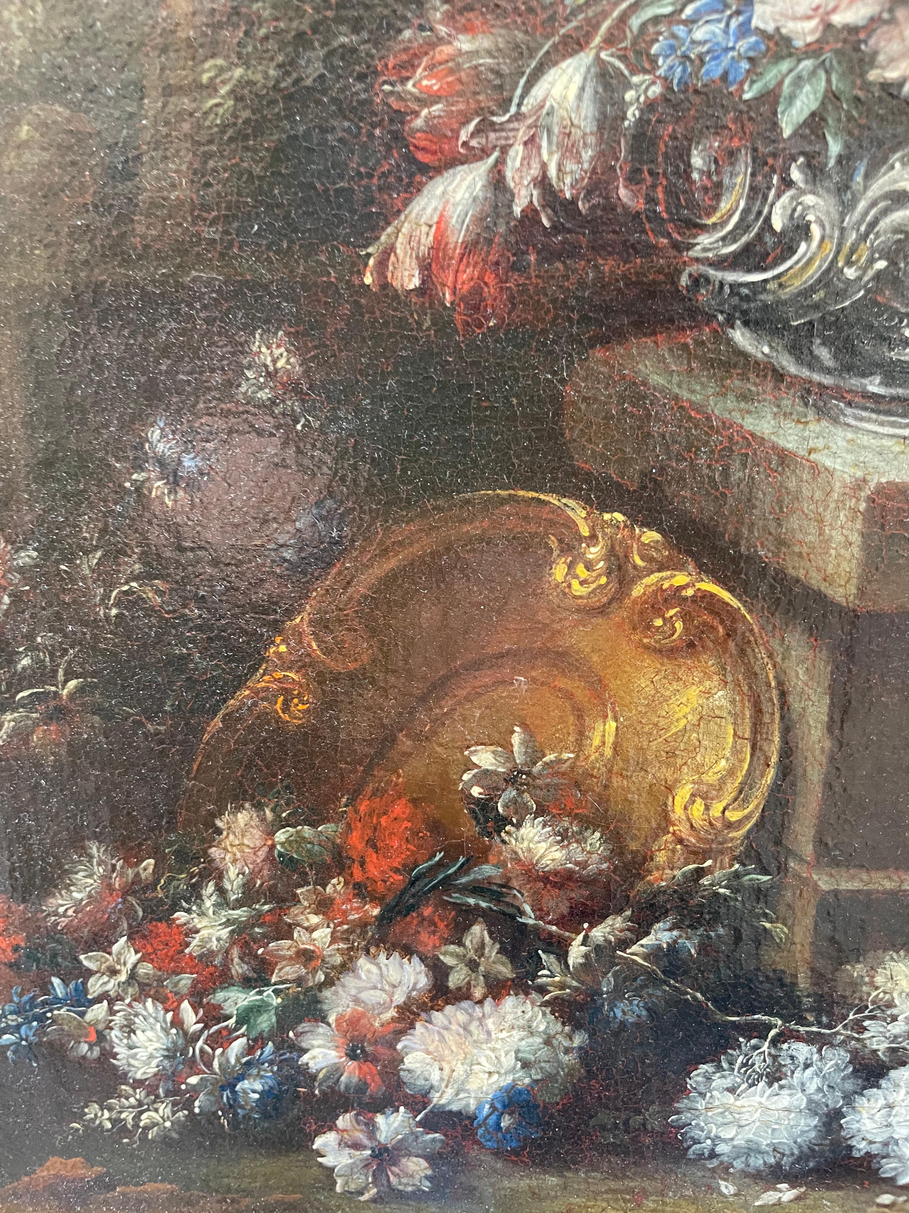 Gaspare Lopez, attributo. Natura morta con fontana, obelisco e cascata di fiori in vendita 3