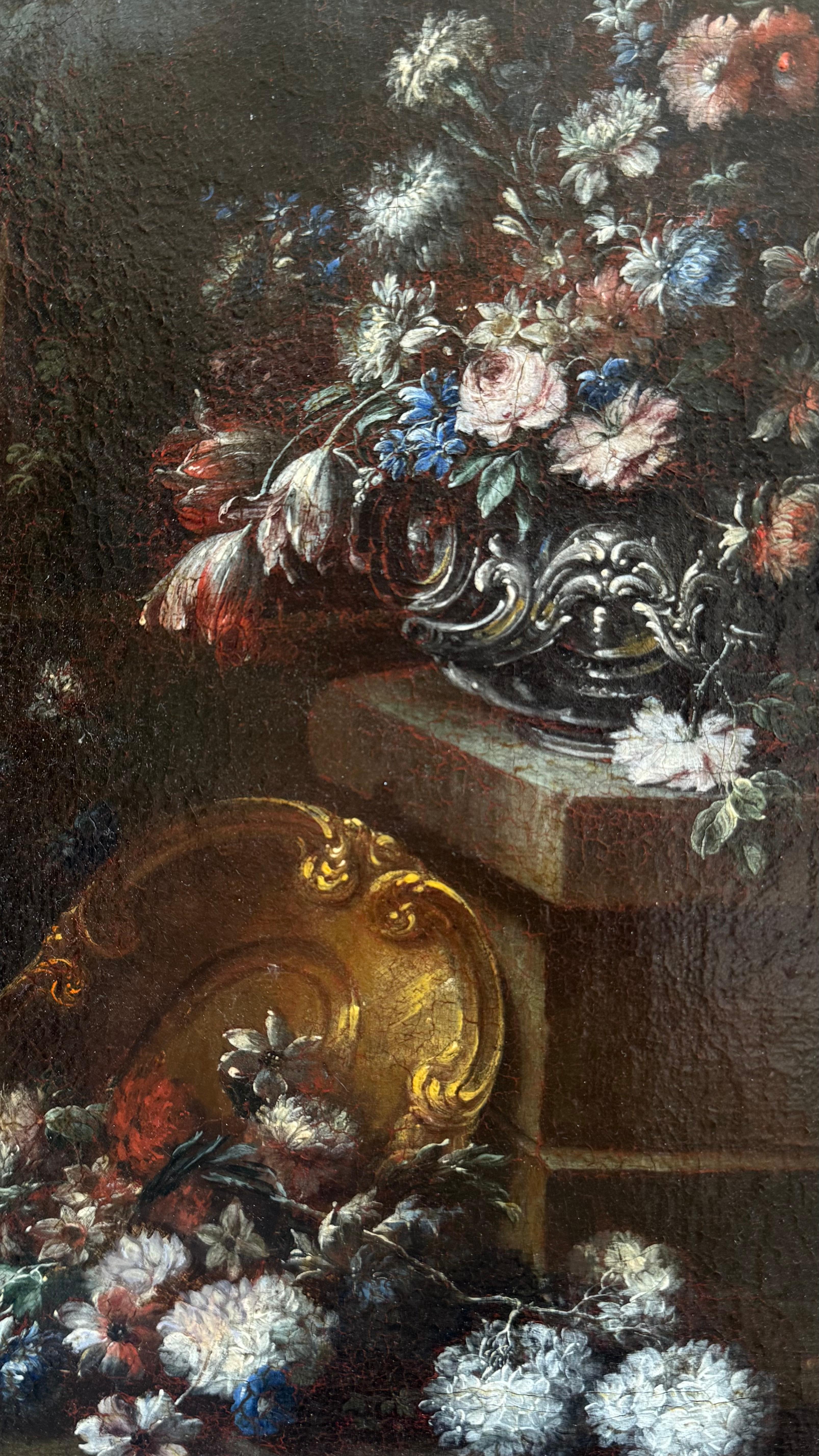 Gaspare Lopez, attributo. Natura morta con fontana, obelisco e cascata di fiori in vendita 4