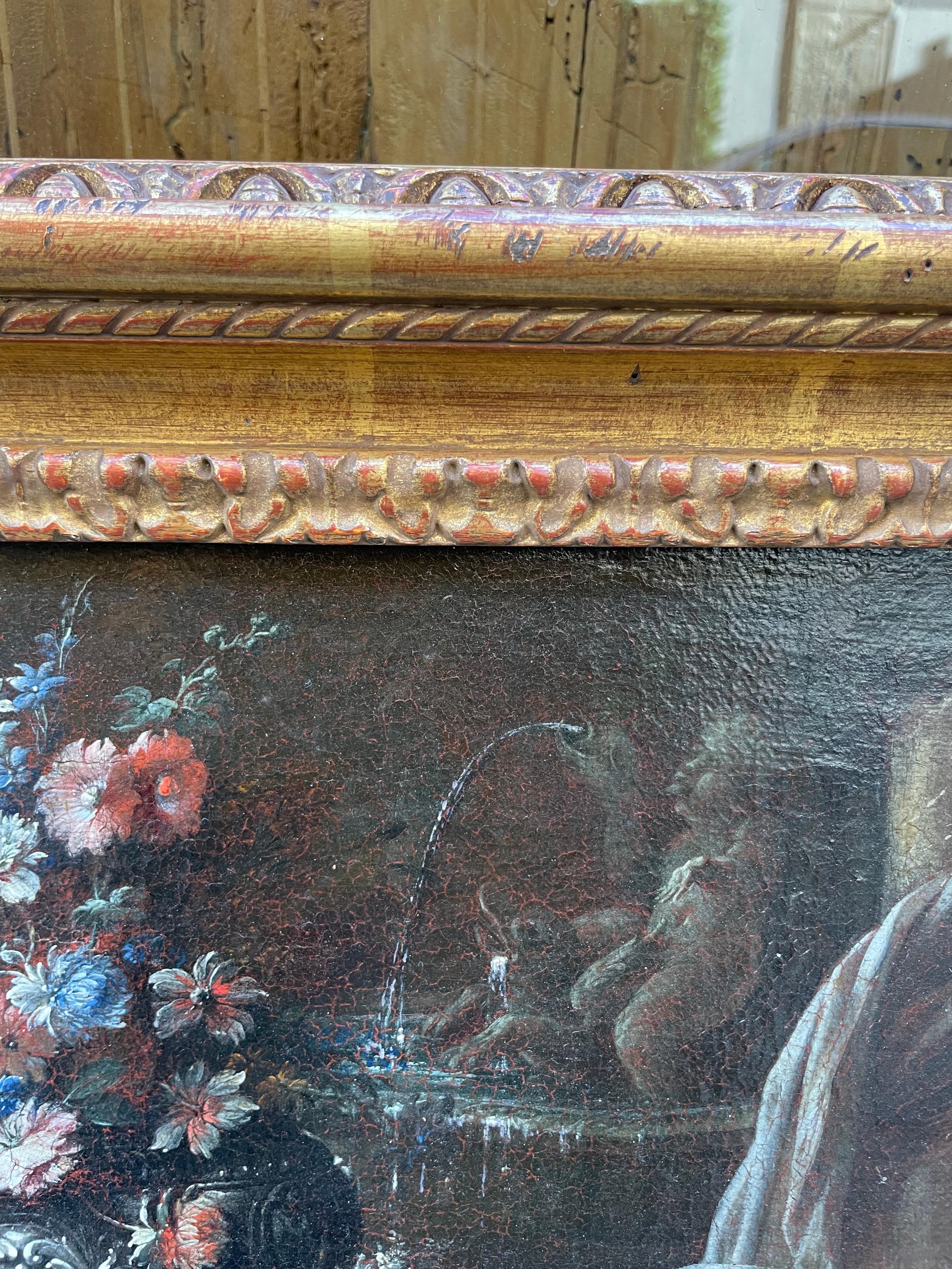 Gaspare Lopez, attributo. Natura morta con fontana, obelisco e cascata di fiori in vendita 7