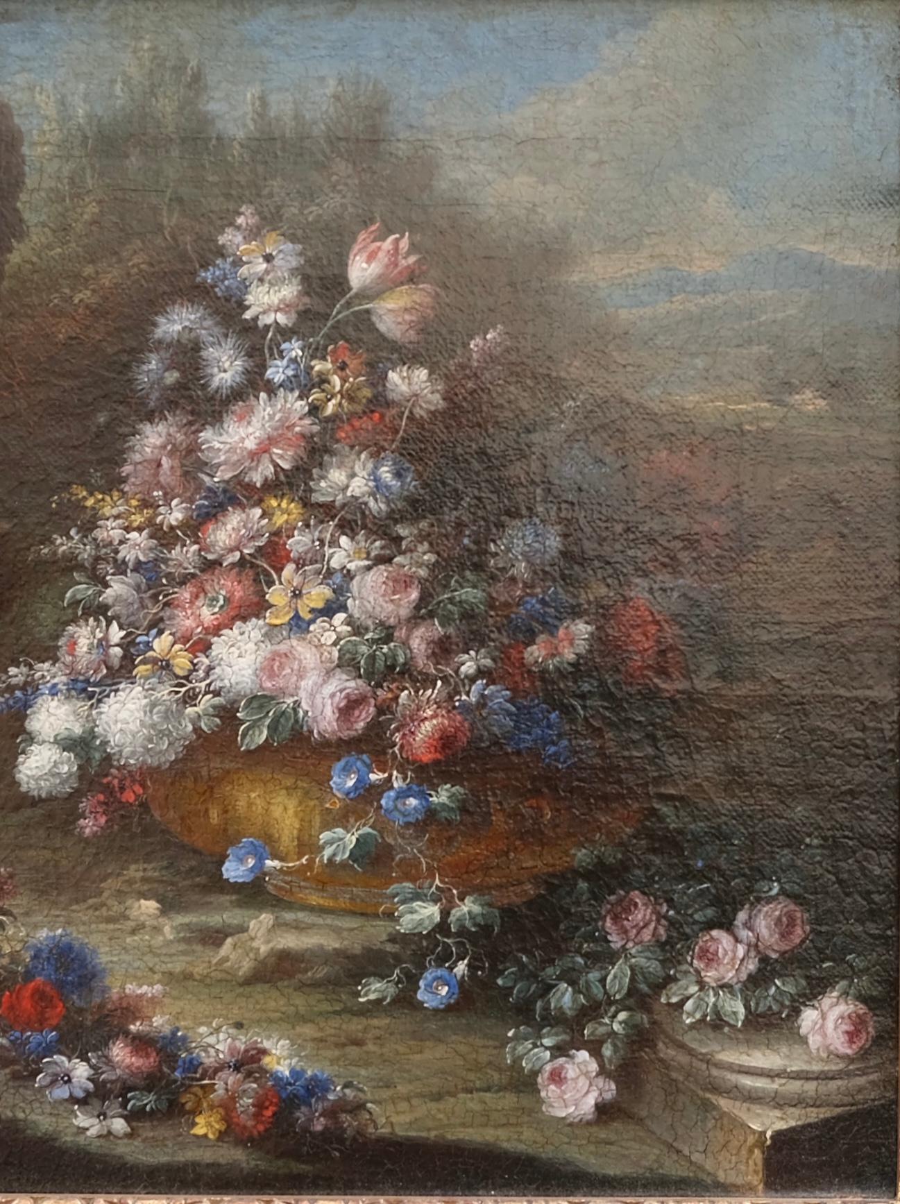 Still Life with Large Vase and Cascade of Flowers in a Garden, Naples, c. 1720 – Painting von Gaspare Lopez