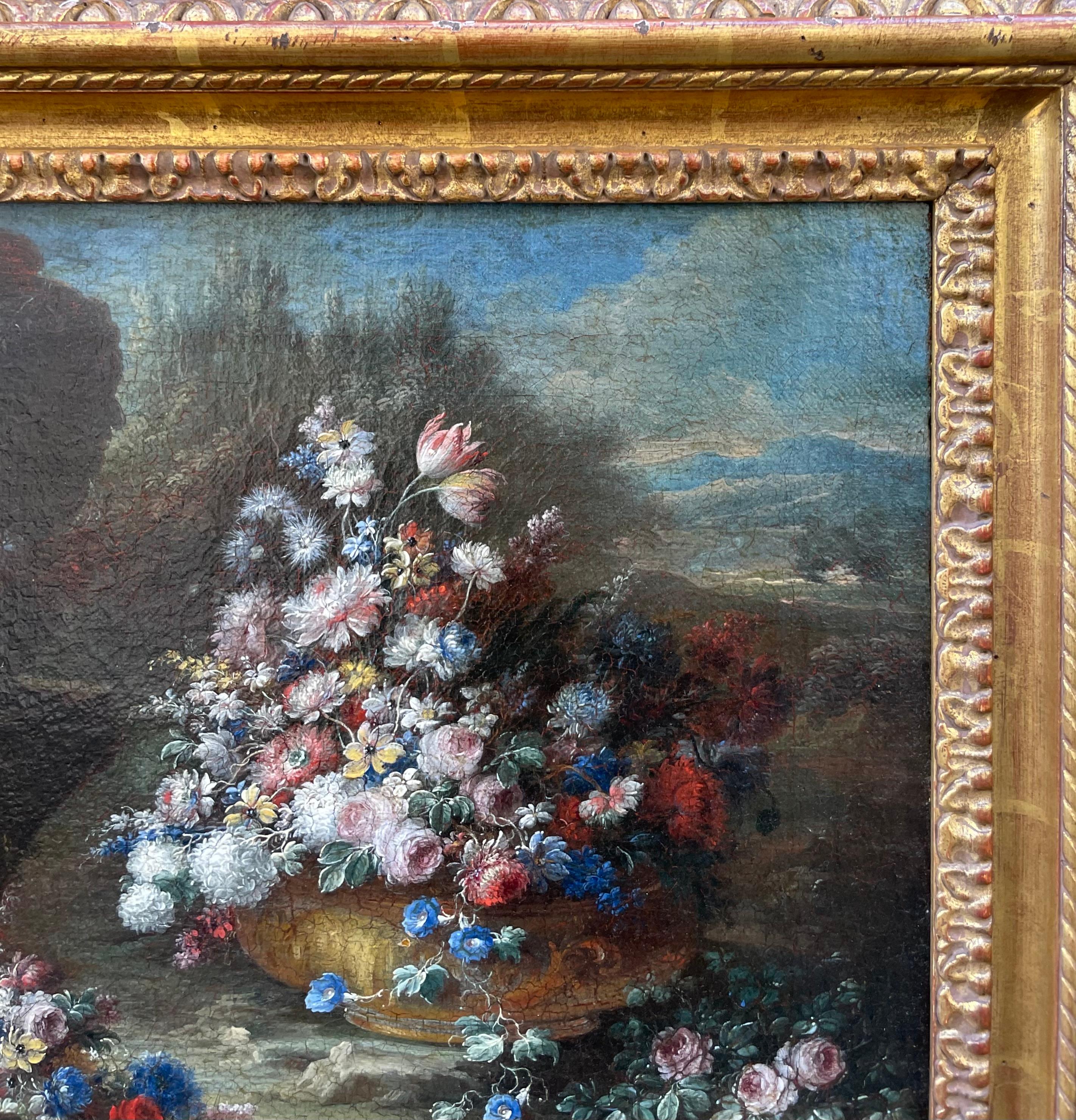 Stilleben mit großer Vase und Blumenkaskade in einem Garten, Neapel, um 1720**
Öl auf Leinwand, 36 × 45,2 cm
Rahmen aus Giltwood, späteres Datum, 48 × 57,4 cm
Inschrift auf der Rückseite: 