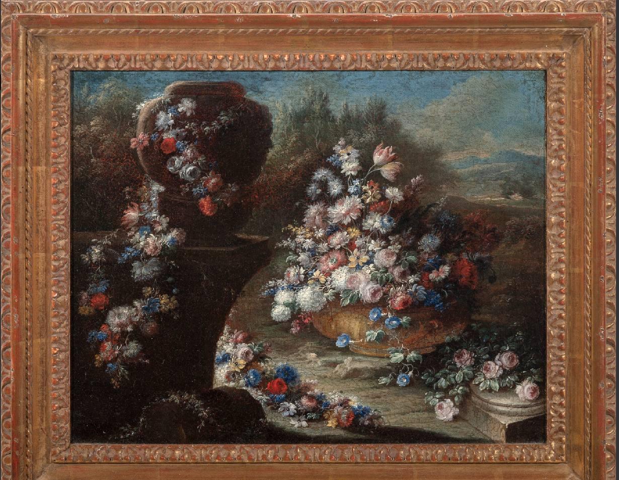 Gaspare Lopez Still-Life Painting – Still Life with Large Vase and Cascade of Flowers in a Garden, Naples, c. 1720