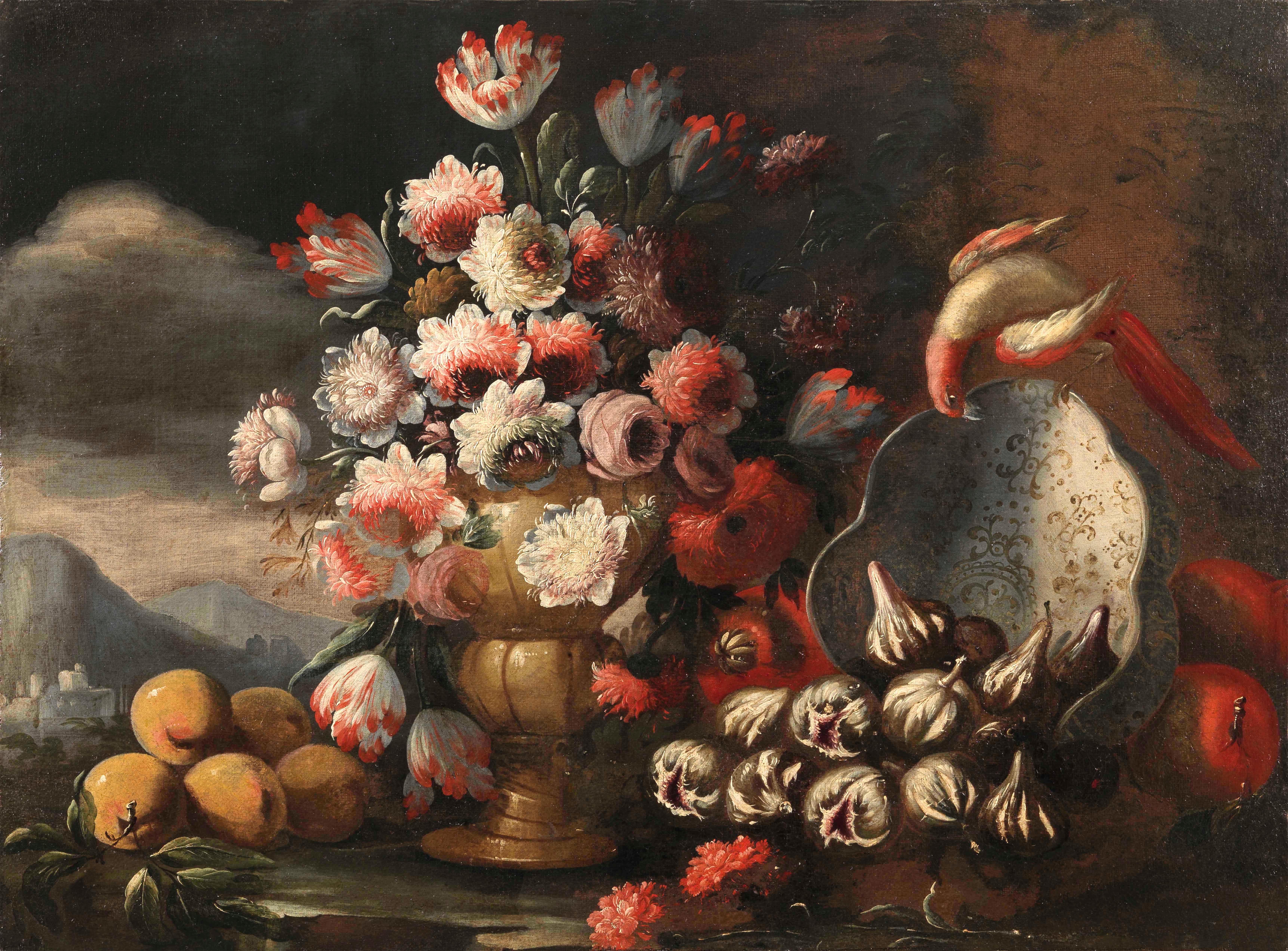 Nicola Van Houbraken ( Messina 1668 Livorno 1723 ) and Gasparo Lopez (Napoli 1677 - ? 1732 ) 
Still-life with Pomegranates, Beets and White turnip by Nicola Van Houbraken
still life with flowers in a vase, parrot, plate by Gasparo Lopez
This pair of