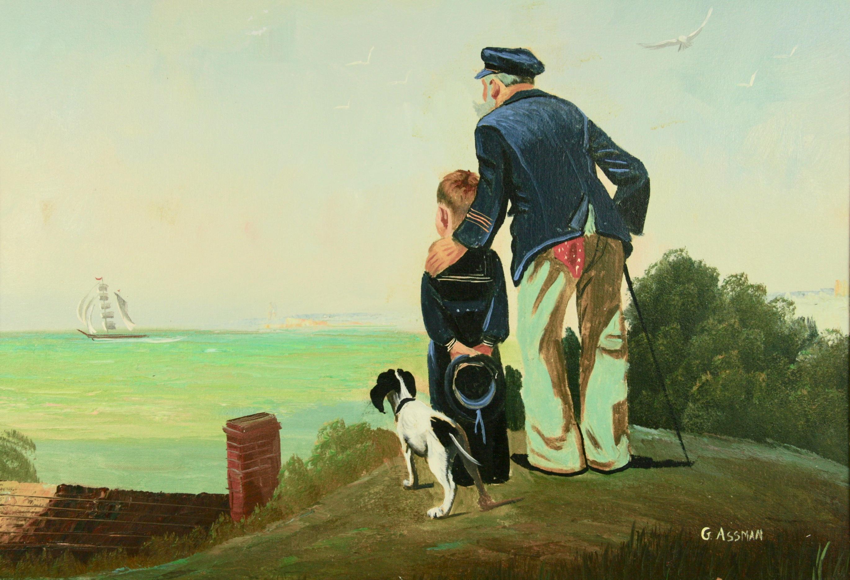 Antiguo  Impresionista  Capitán de mar con nieto Figurativa  Paisaje marino - Painting de G.Assman