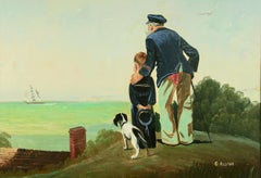 Antique  Impressionist  Sea Captain with Grandson Figurative  Seascape