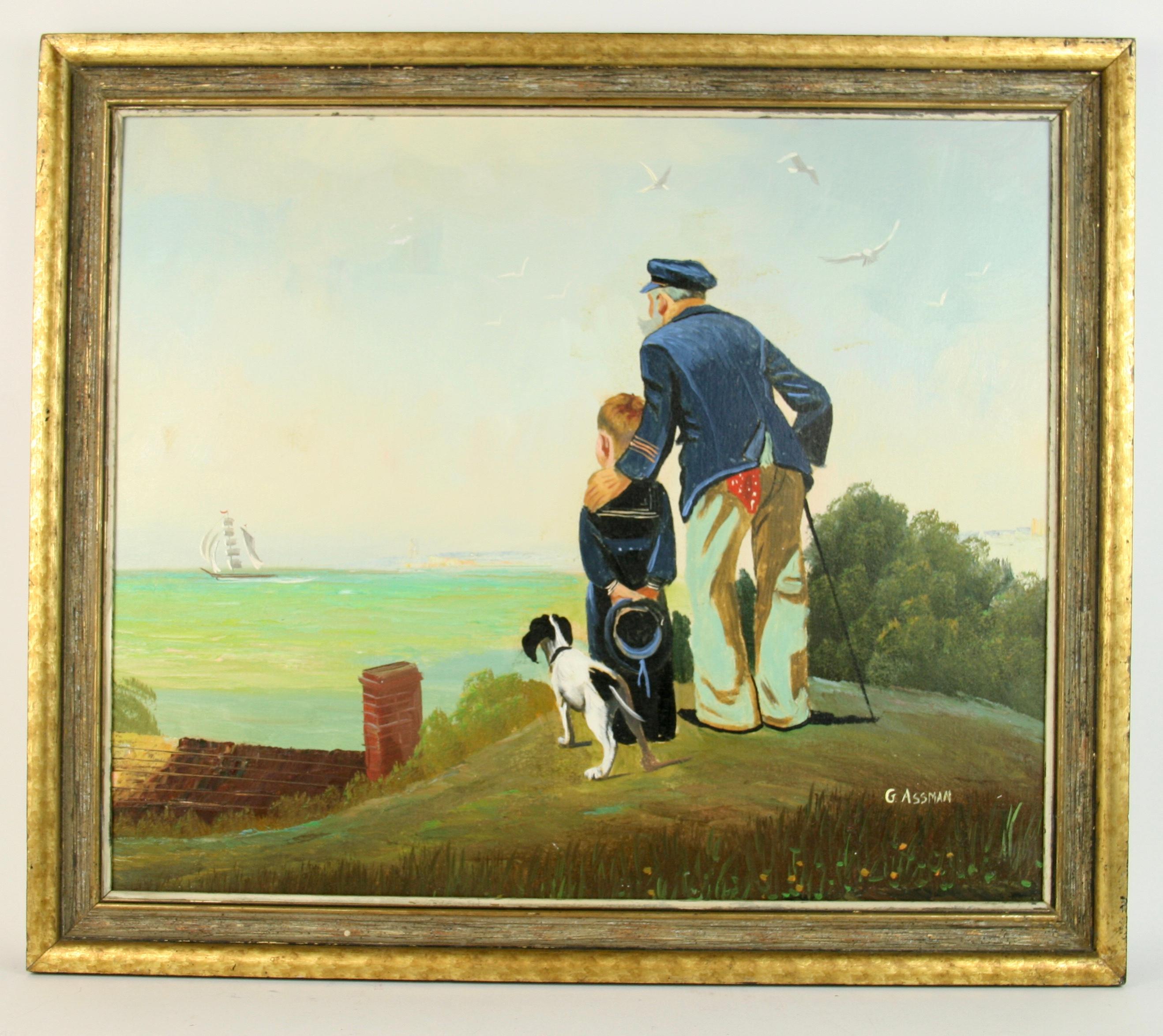 Antiguo  Impresionista  Capitán de mar con nieto Figurativa  Paisaje marino en venta 5