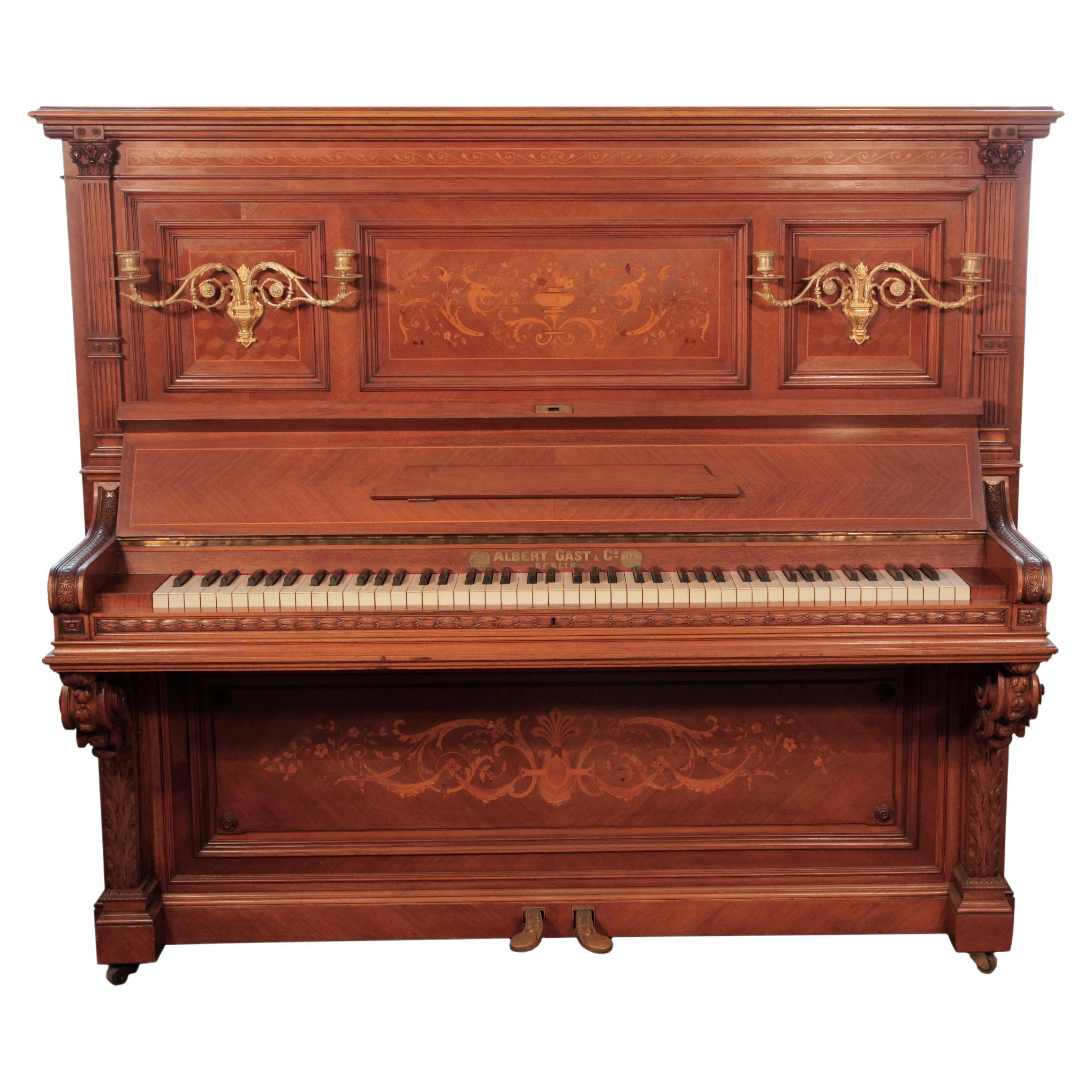 Gast Upright Piano Quartered Walnut Neoclassical Inlay Brass Candlesks