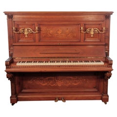 Gast Upright Piano Quartered Walnut Neoclassical Inlay Brass Candlesticks