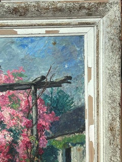 1950's Colorful French Impressionist Flower Garden Archway Signed Impressionist
