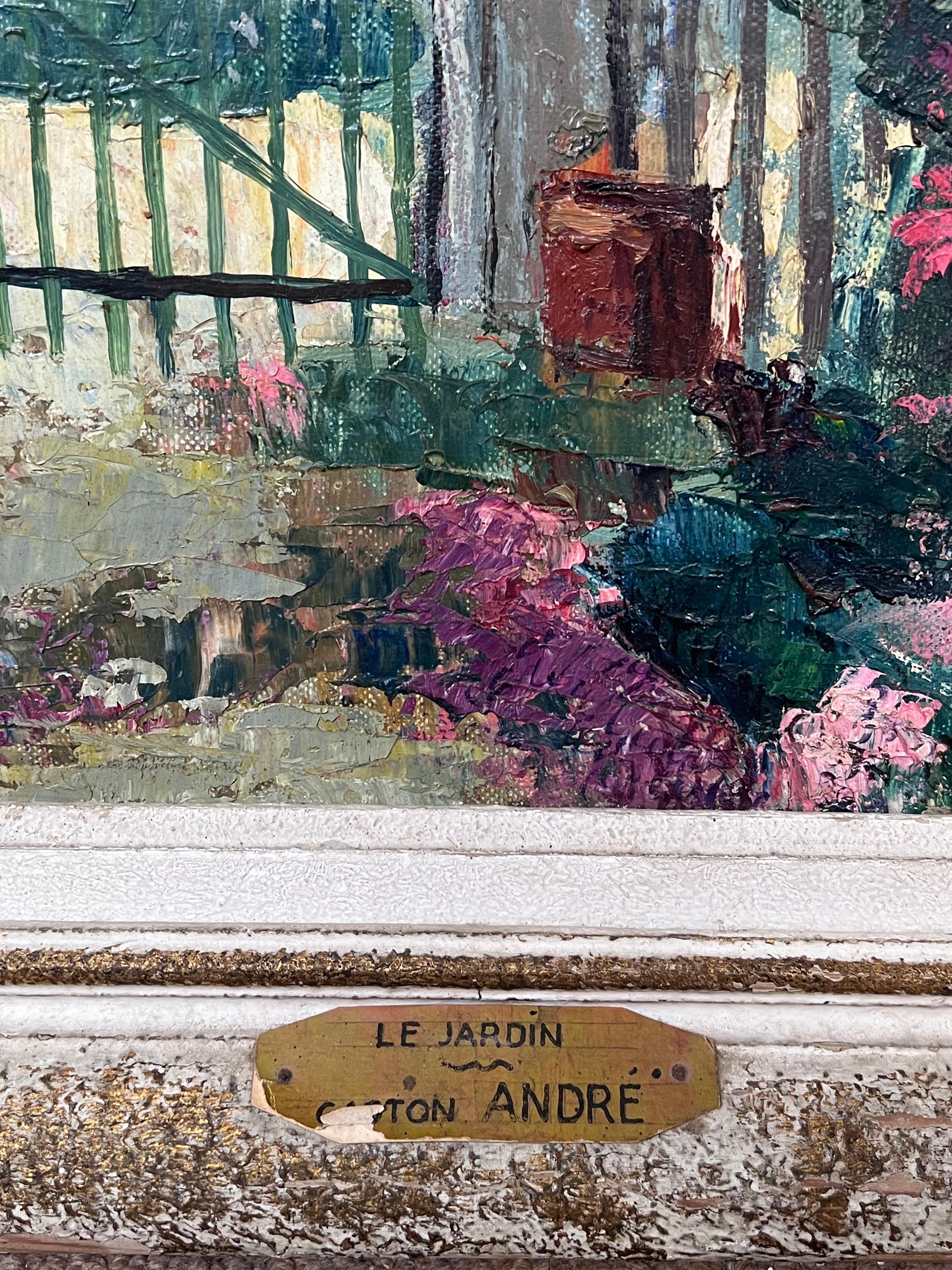 Le Jardin
di Gaston Andre (1884-1970)
intitolato al verso
olio su tela firmato, incorniciato 
incorniciato: 26 x 32 pollici
tela: 20 x 26 pollici
Provenienza: collezione privata, Valle della Loira, Francia
Conditio sine qua non: cornice originale in