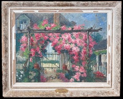 1950's Colorful French Impressionist Flower Garden Archway Signed Impressionist