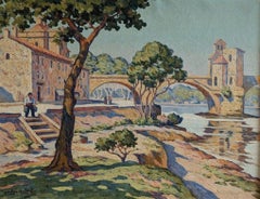 Bridge in the countryside of France, original antique oil on canvas, French