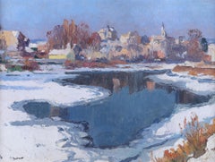 A Winter River Scene. Antique oil painting on canvas