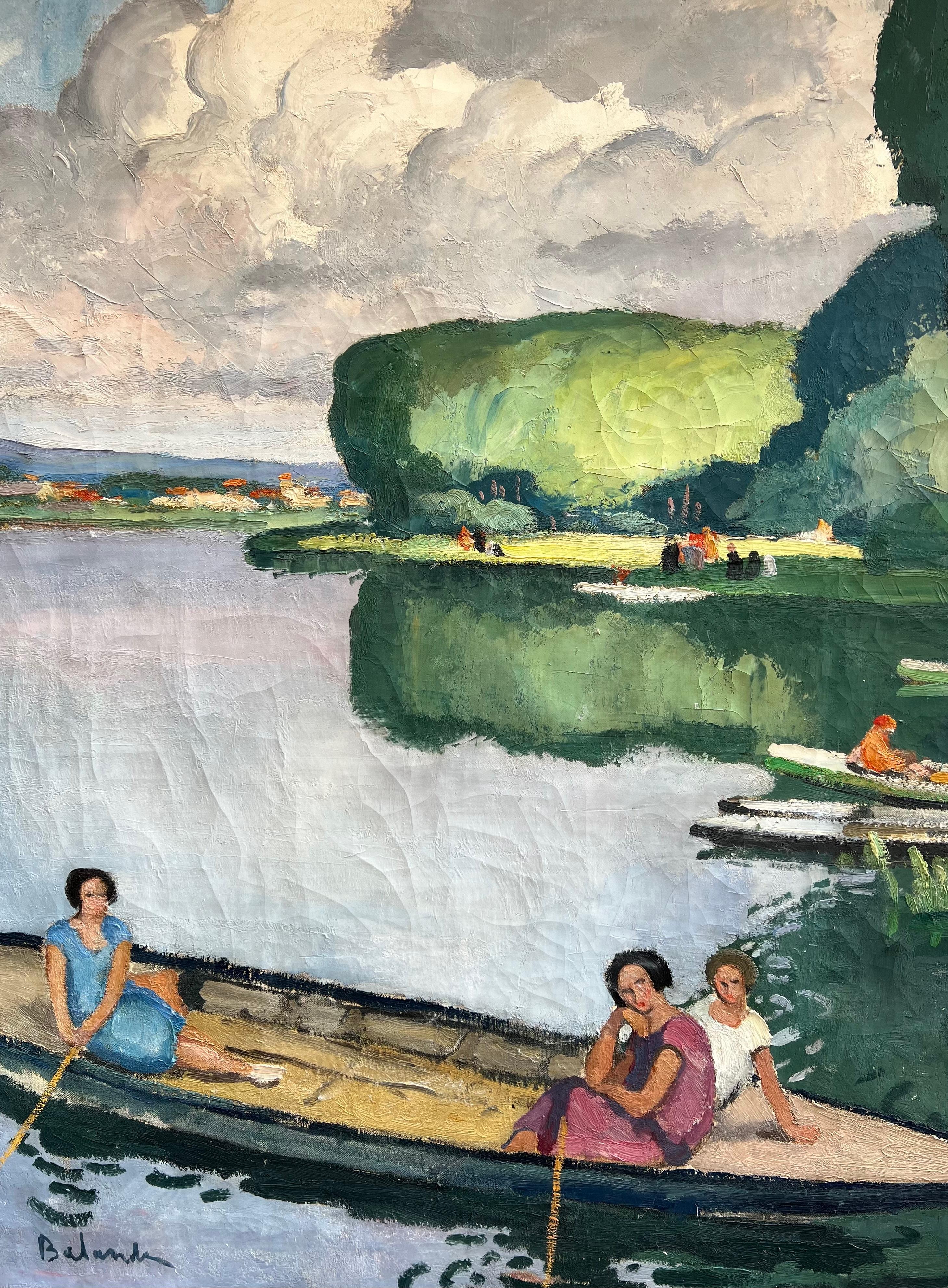 This oil-on-canvas painting by Gaston Balande, circa 1920, captures the essence of a peaceful summer's day on a lake. In the foreground, two women sit in a boat, seemingly lost in thought. The woman at the front of the boat seems to be thinking,