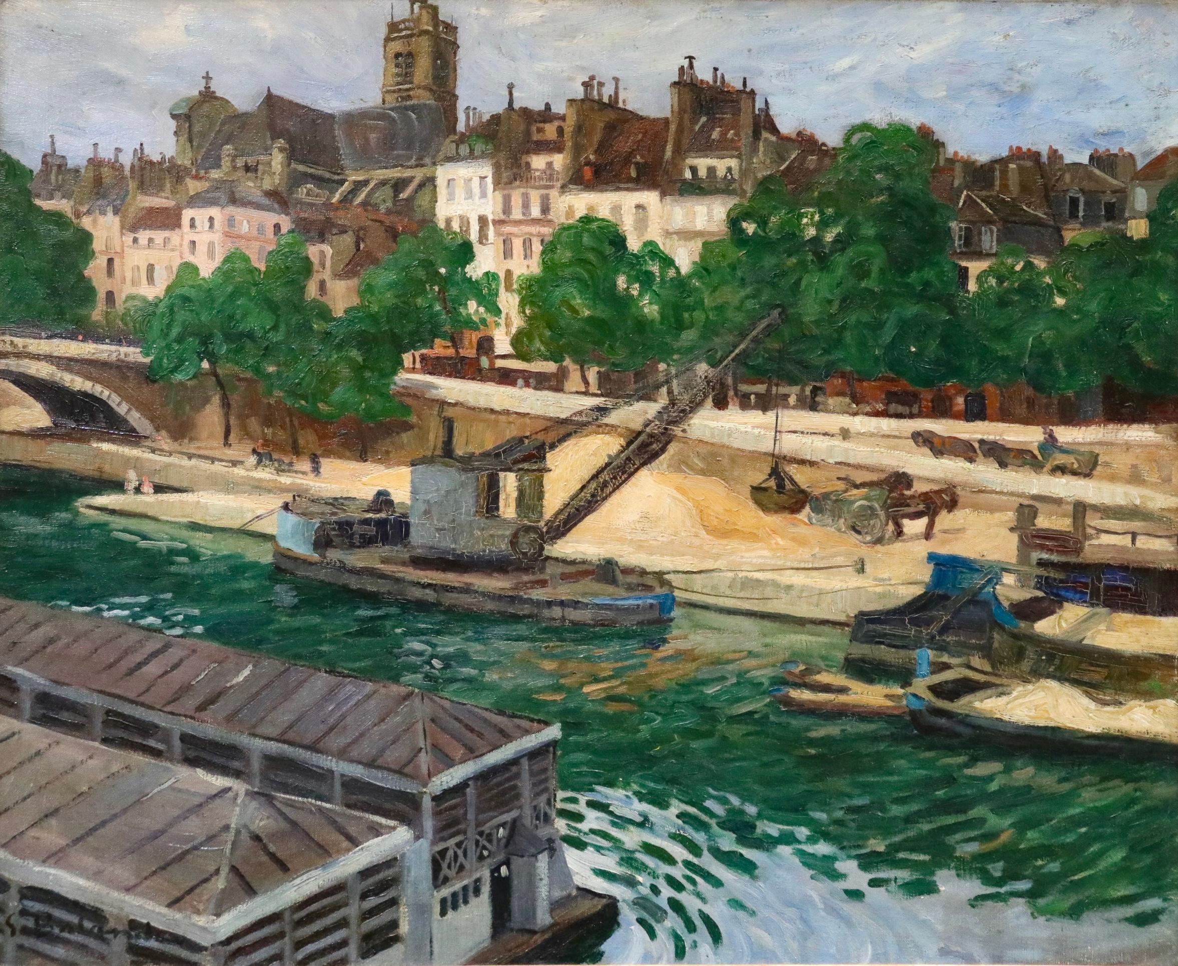 Workers on the Seine - Post Louis-Philippe - River Landscape Oil by G Balande - Painting by Gaston Balande
