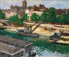 Workers on the Seine - Post Louis-Philippe - River Landscape Oil by G Balande