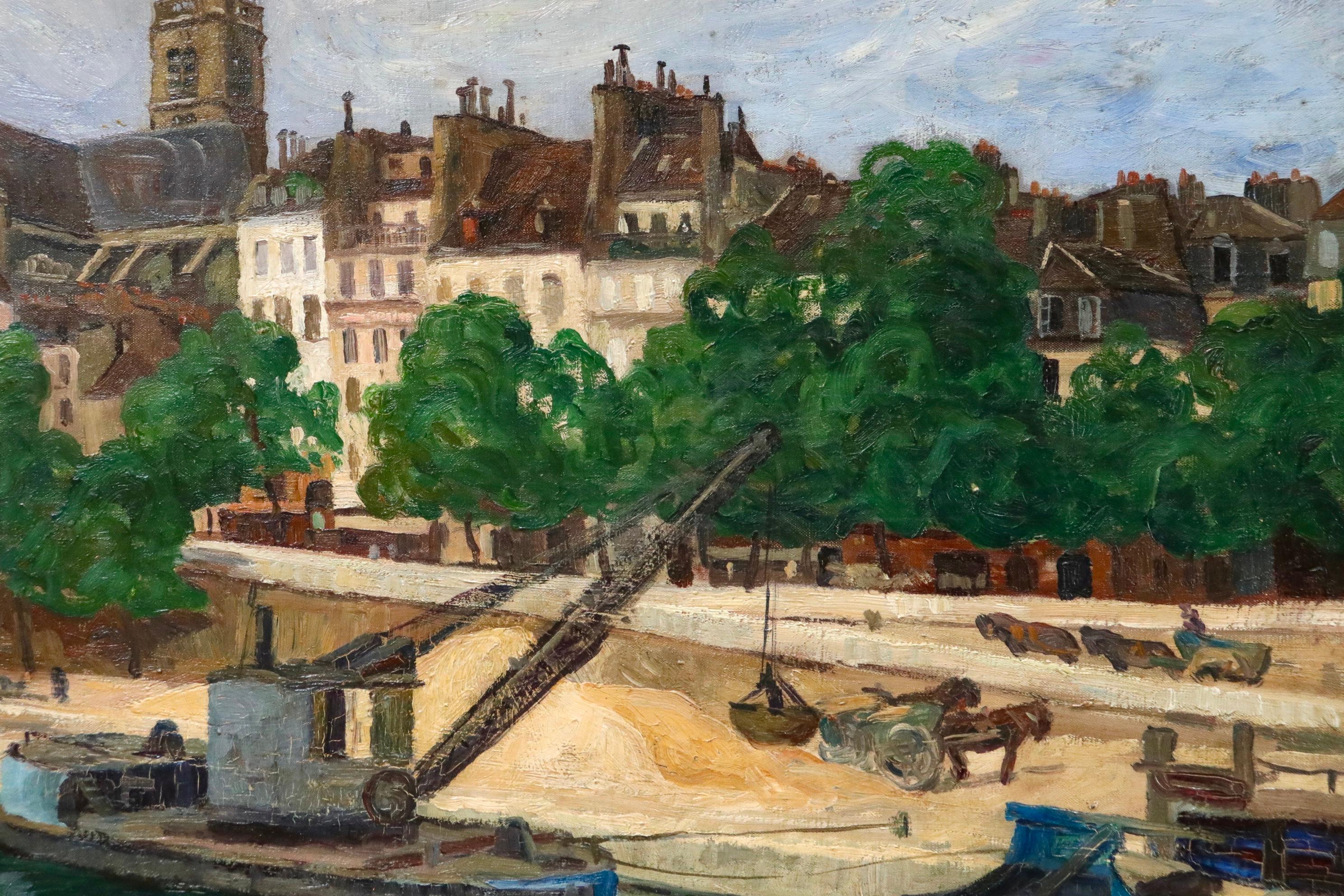 Workers on the Seine - Post Louis-Philippe - River Landscape Oil by G Balande - Impressionist Painting by Gaston Balande